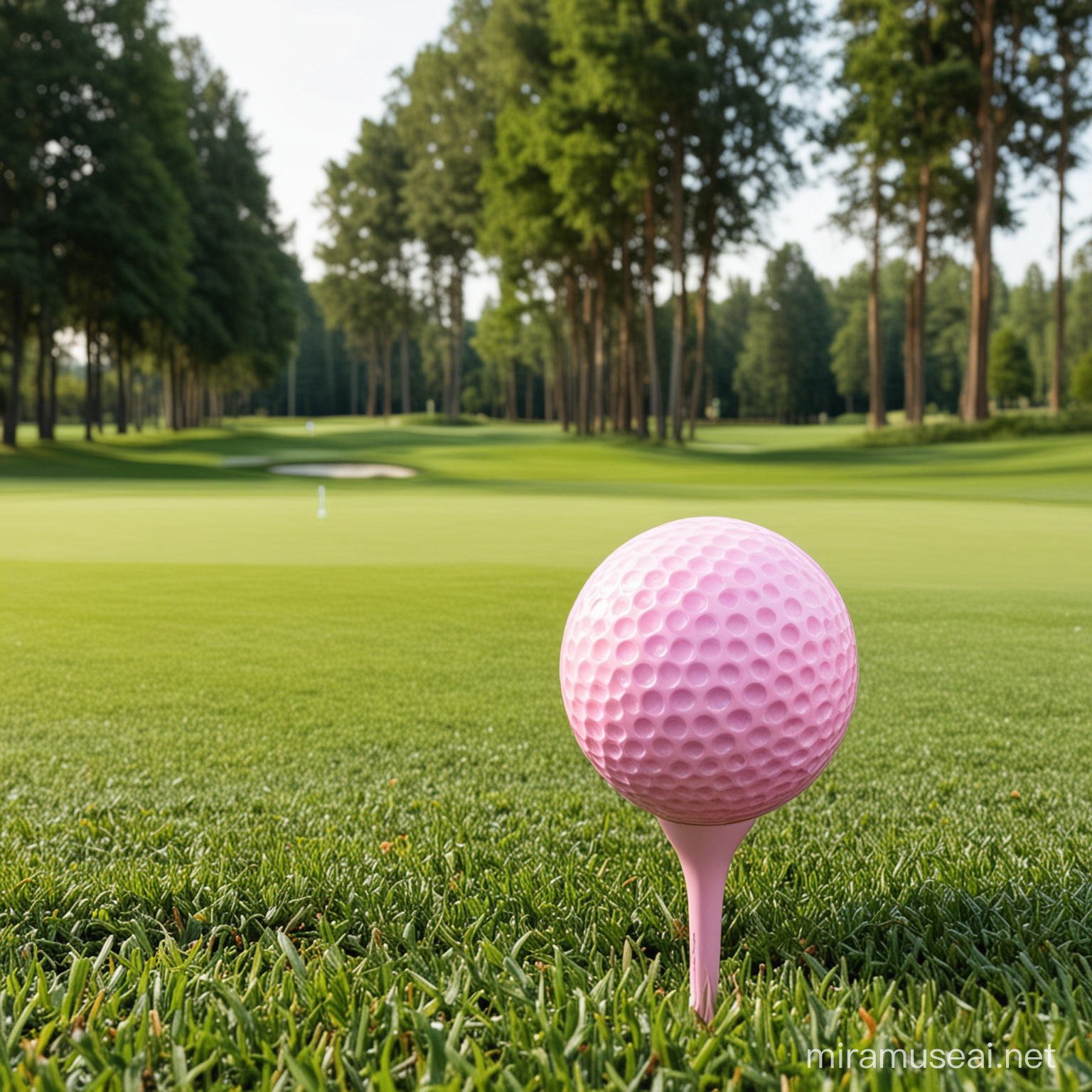 light pink golf ball and driver club on the greens with trees in the background

