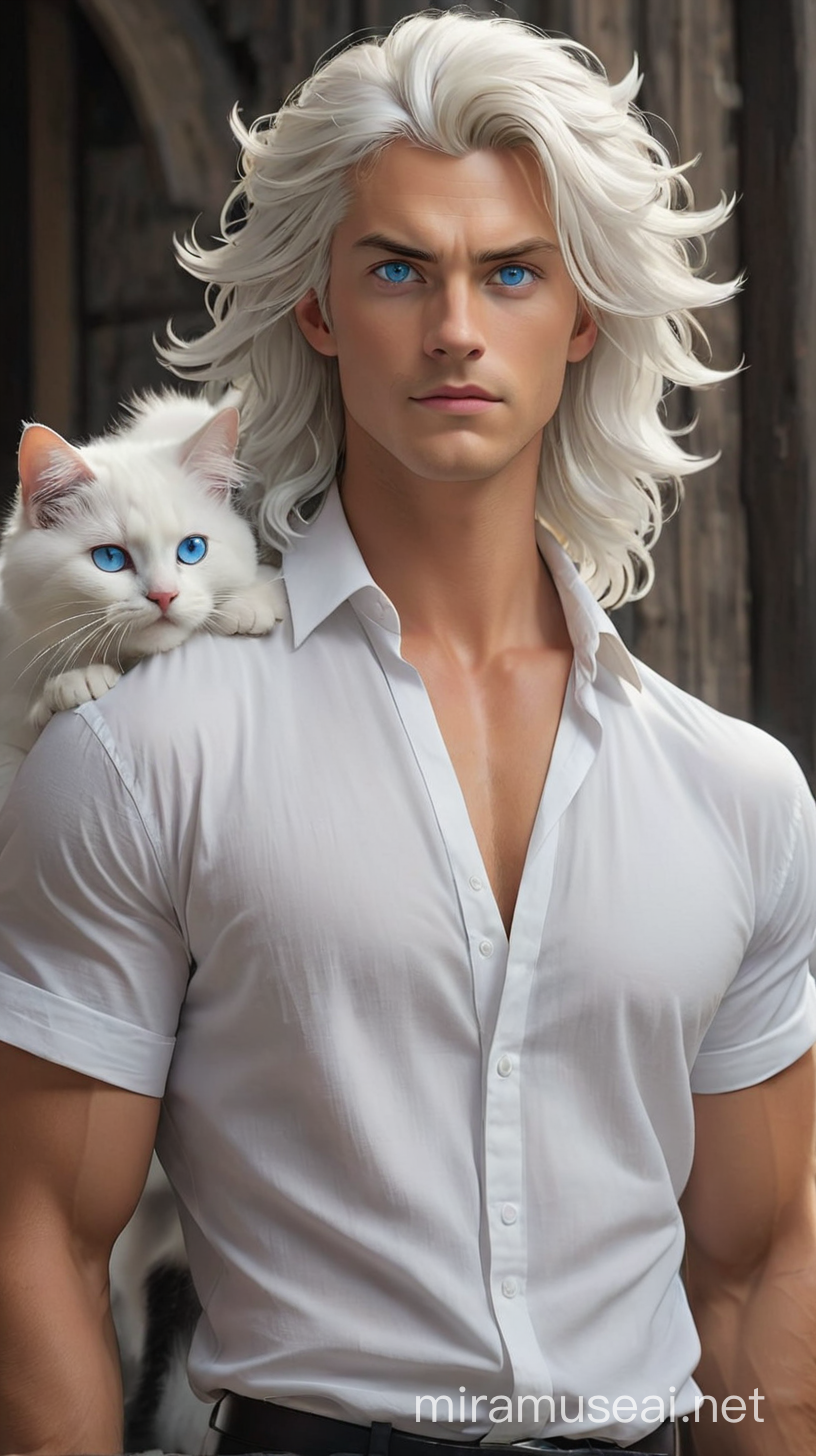 Elegant Senior Gentleman with White Hair and Blue Eyes Posing with a Black Cat