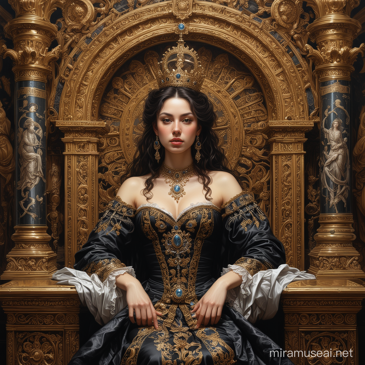 Countess,The image is a painting of a person sitting on a throne. It depicts Ilis Countofe of Kildare, Elip, the daughter of Rich, Dail ri Ranchogle, Zy Ast 7. Wof The Daughter of Land Wilowlis of Pahan. The painting features a woman in royal attire.The image is of a large ornate clock inside a building. The clock is located at the 10 o'clock position. The building appears to be a cathedral or a place of worship, featuring baroque and Byzantine architecture with symmetrical design elements.Lying on back with face to the side.Black woman beautiful face is shown.  The woman's body parts such as chest, thigh, stomach, and abdomen are visible.painterly smooth, extremely sharp detail, finely tuned detail, 8 k, ultra sharp focus, illustration, illustration, art by Ayami Kojima Beautiful Thick Black