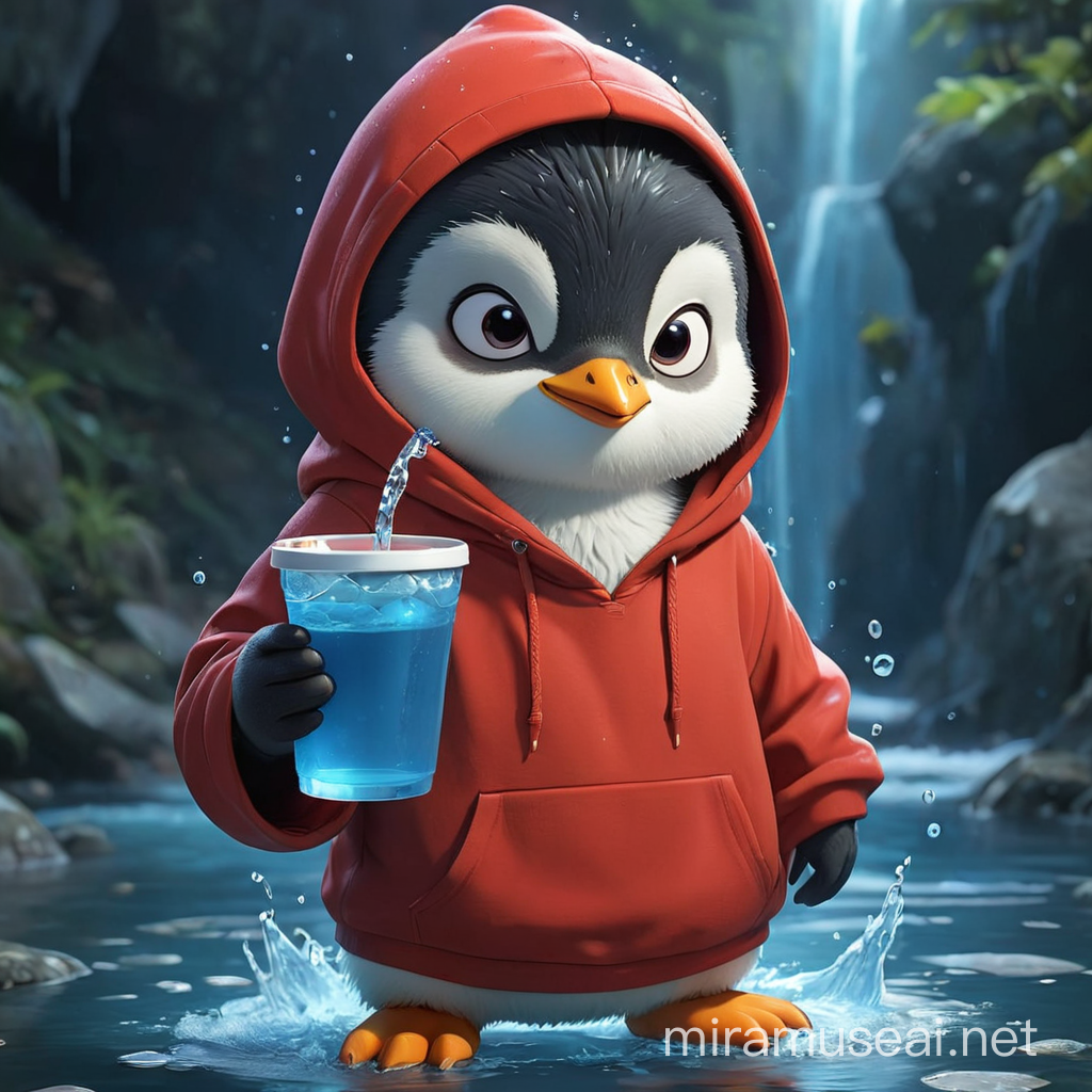 Penguin in a Red Hoodie, Holding a cup of Blue Water, Anime Style Aura, 
