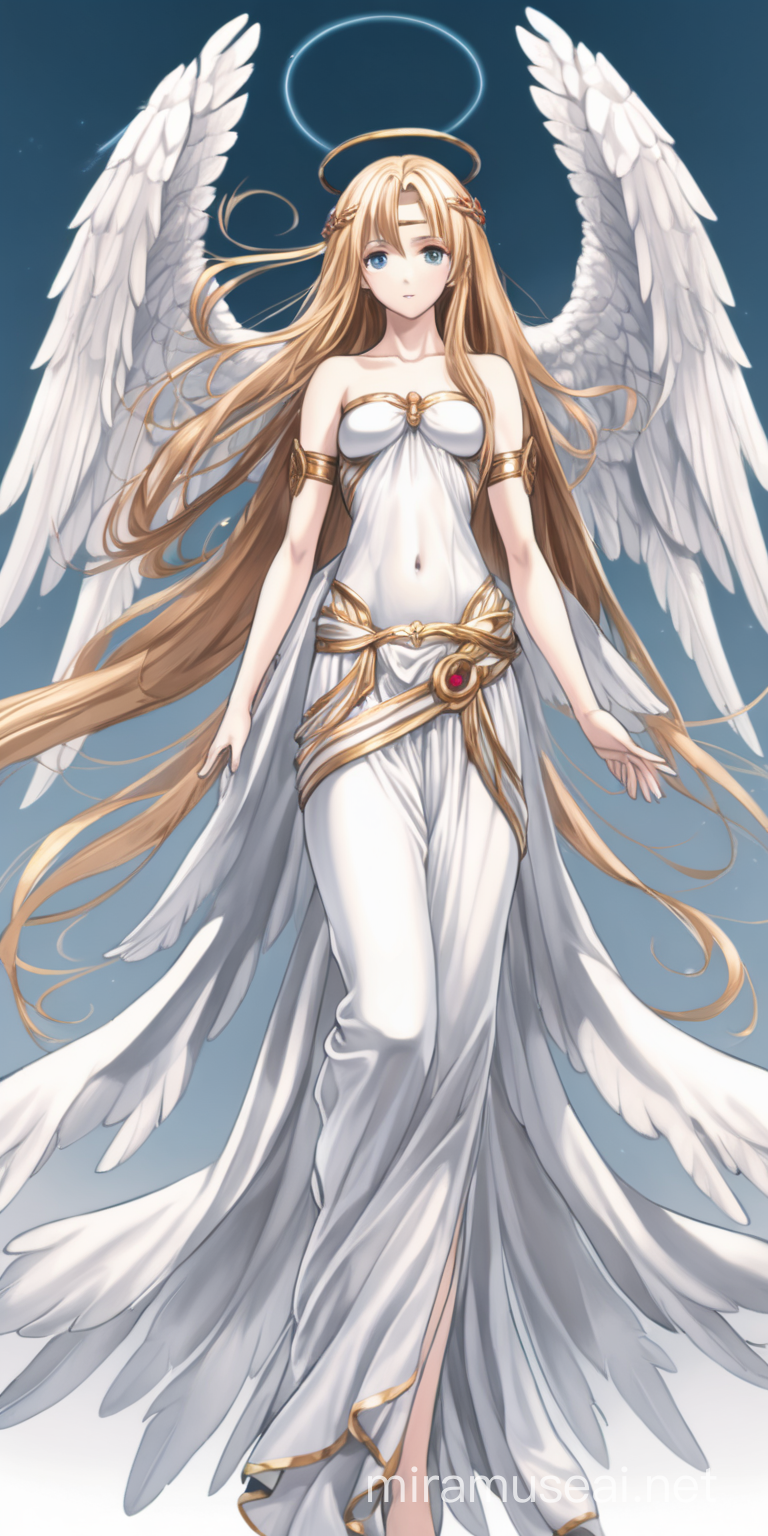 majestic female angel with long hair. Her full body is visible. anime style