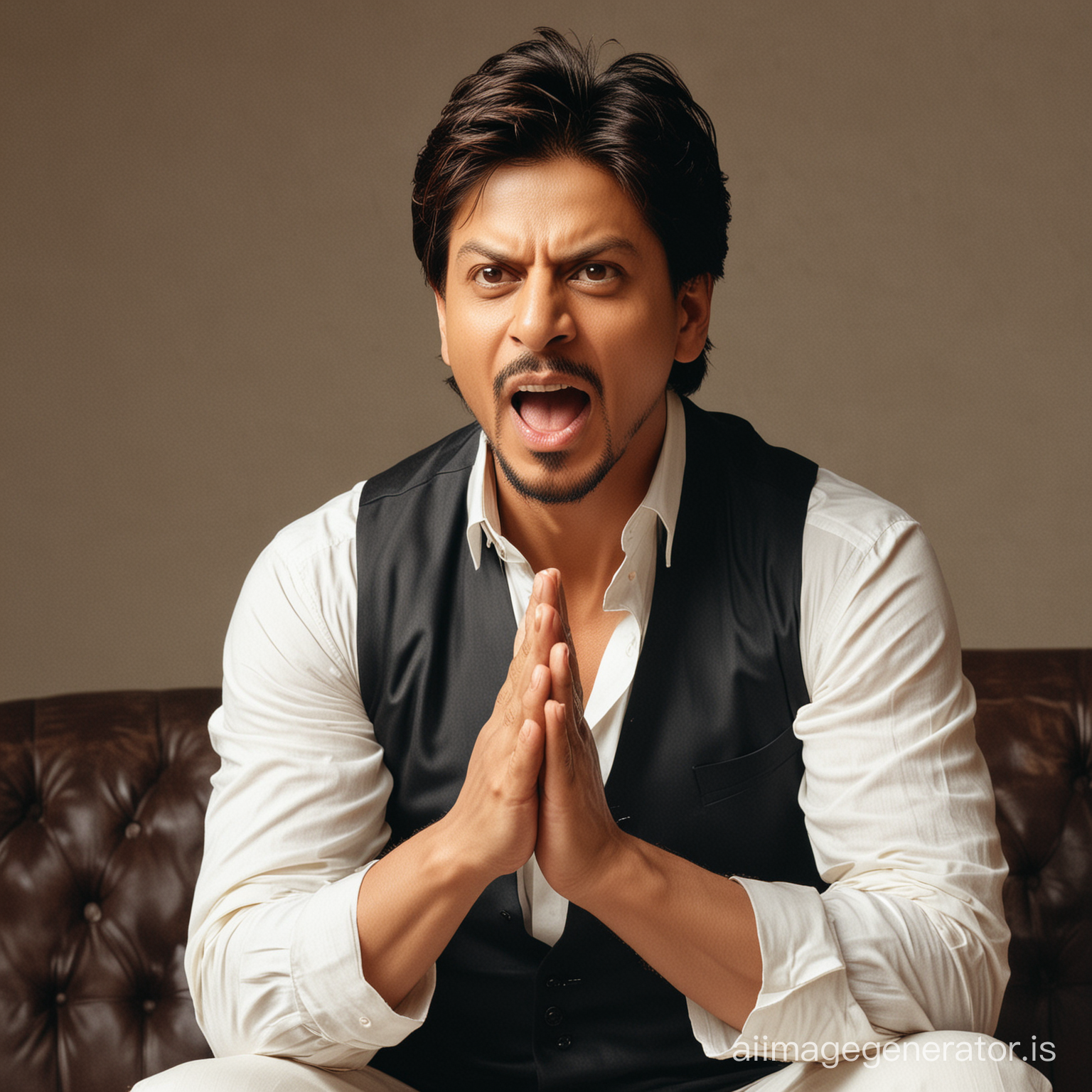 Indian actor Shah Rukh Khan sitting and shouting