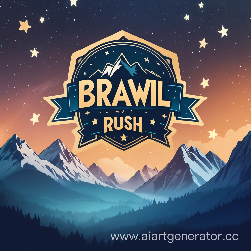 скромный лаготип сайта "BRAWL RUSH" на фоне гор и звезд