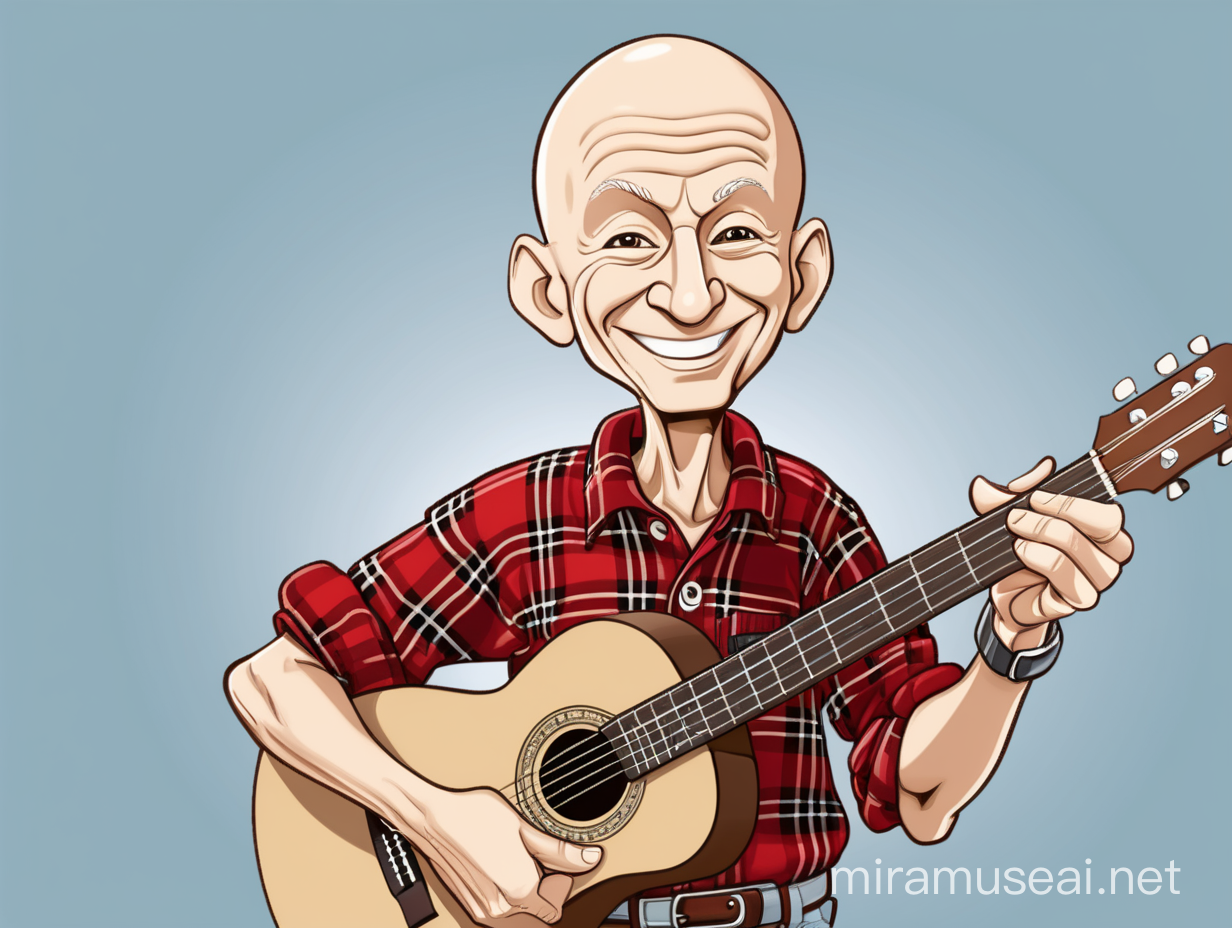 A cartoon-style image, an elderly man, no hair on his head, tall figure, smiling, light skin color. dressed in a plaid shirt and red pants and sneakers. with classical guitar