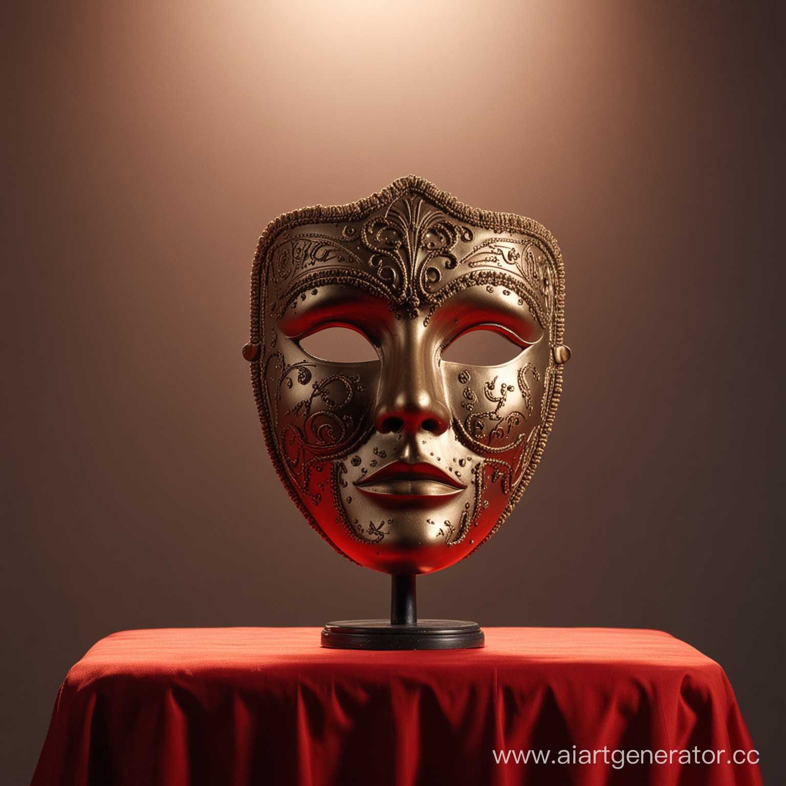 Театральная маска на всё лицо лежит на красной подушке в свете на пьедестале. Общий план