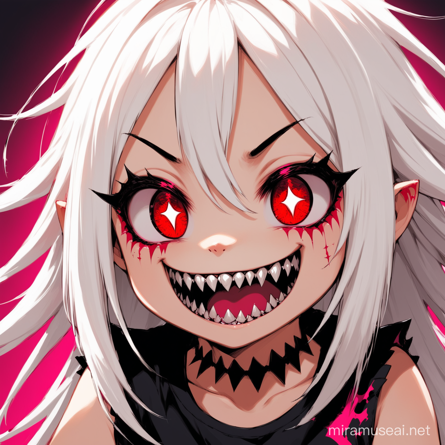 Cute and insane little girl character with long white hair, vibrant psychotic red eyes and a crazy smile filled with razor sharp teeth. 