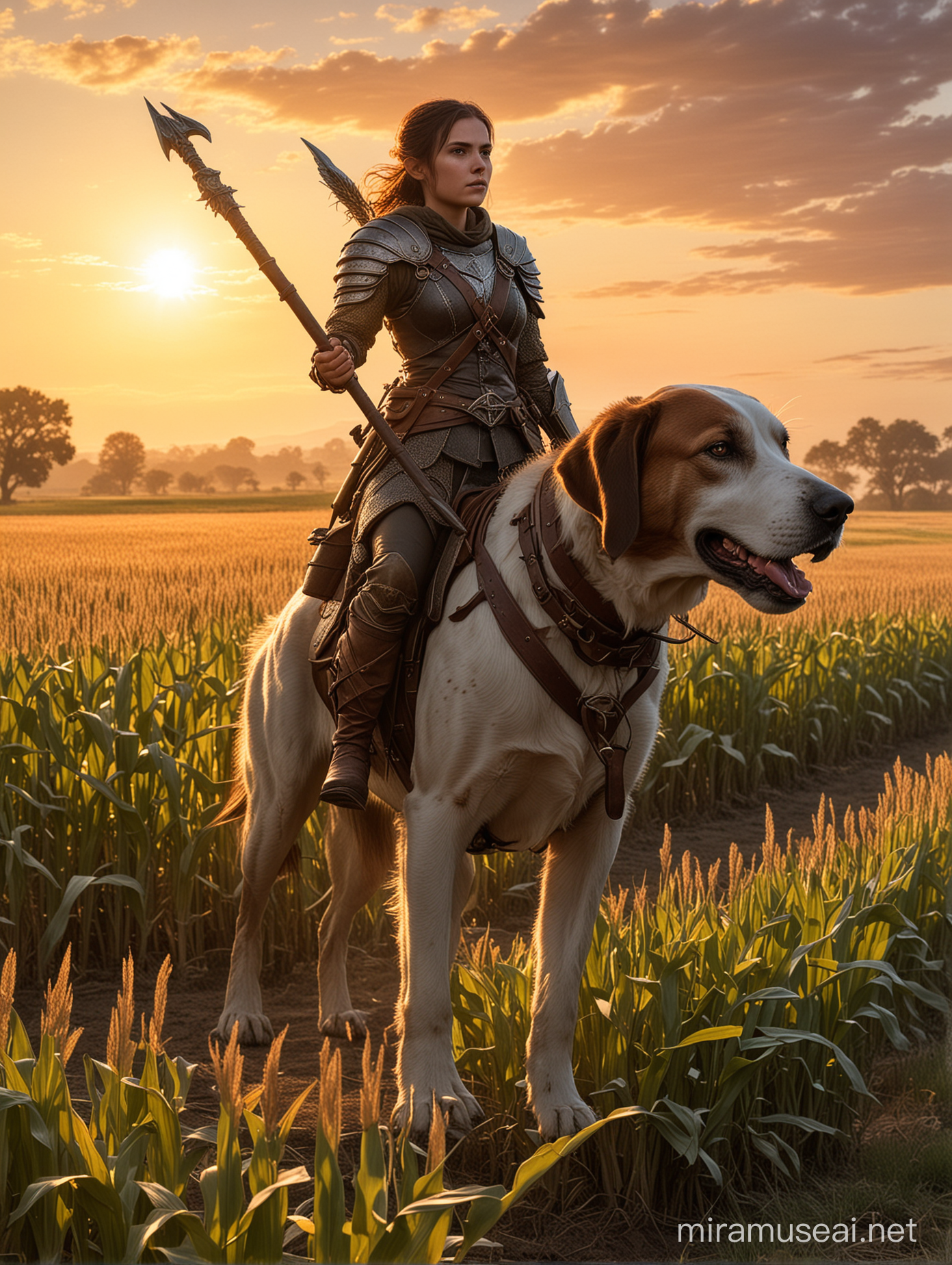 A female halfling outrider mounted on a big hound. She's armed with a spear and she's standing in a corn field by sunset.