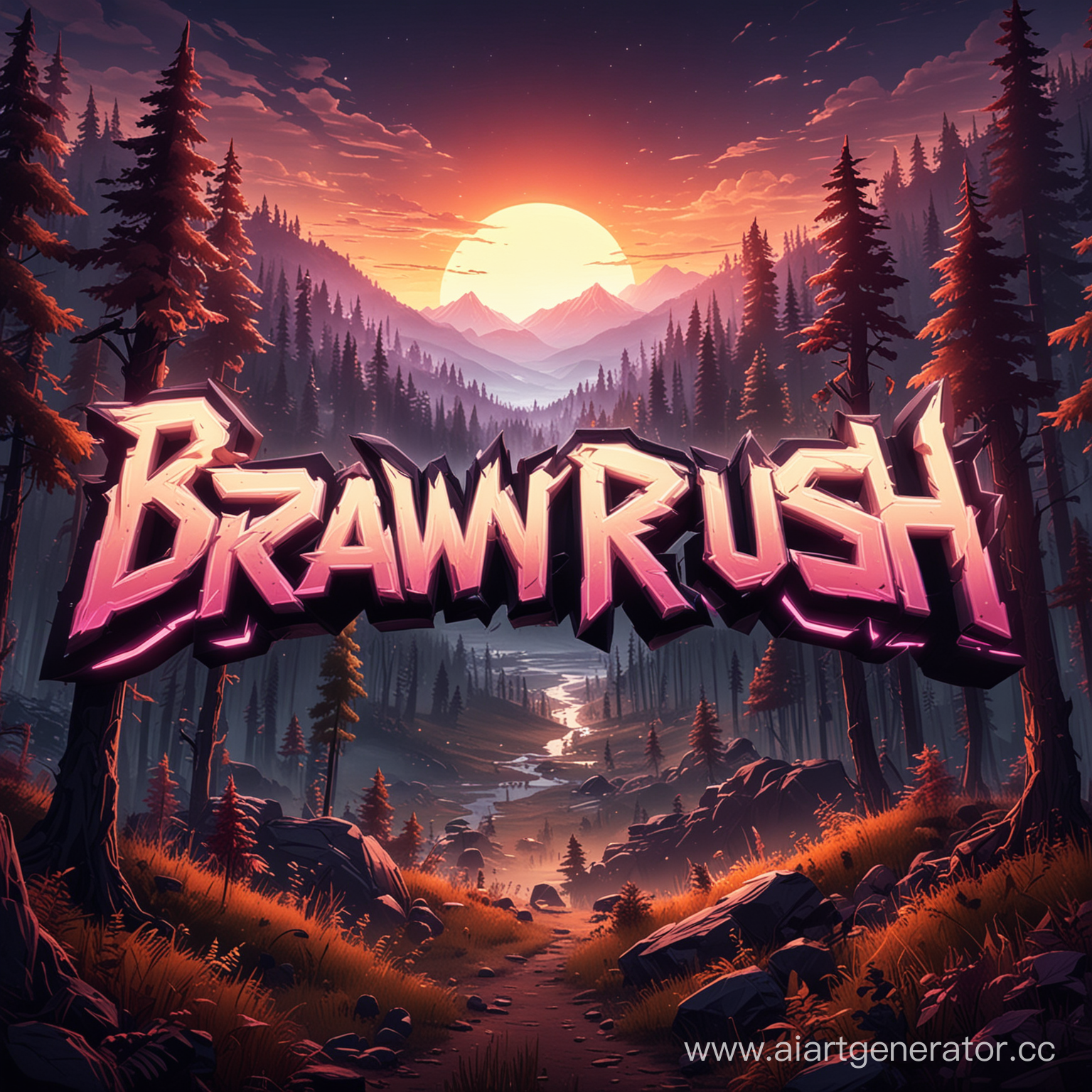 скромный, но светящийся неоном ночью логотип сайта "BRAWLRUSH" в лесу, на фоне гор