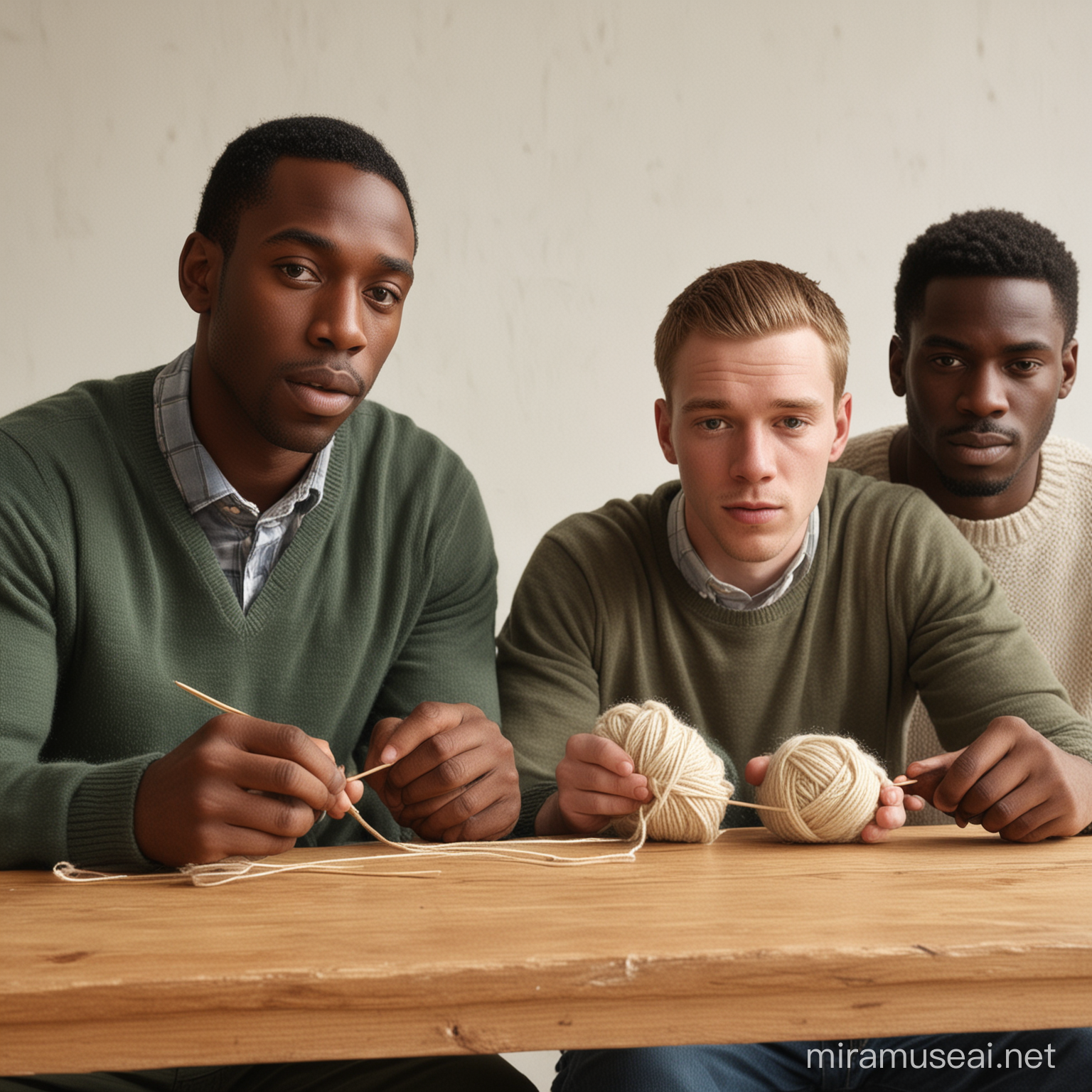 One black man and two white men sitting at a table, all three men are knitting, their faces are all visible