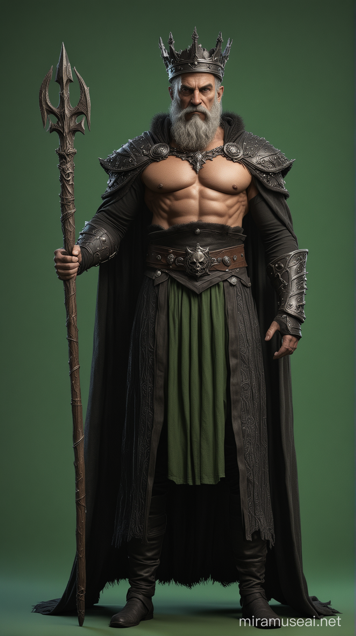 photorealistic dark lord, old king sorcerer, handsome face, short beard, full body, very strong muscular body, toned muscles, six-pack, big arms,  wearing a black crown, standing in front of a green screen background, very realistic