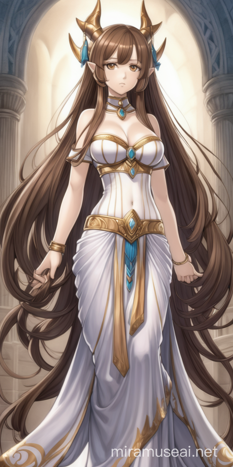 goddess with long brown hair. She has large bust and curvy figure due to her being a goddess. She has pointy ears ANIME STYLE