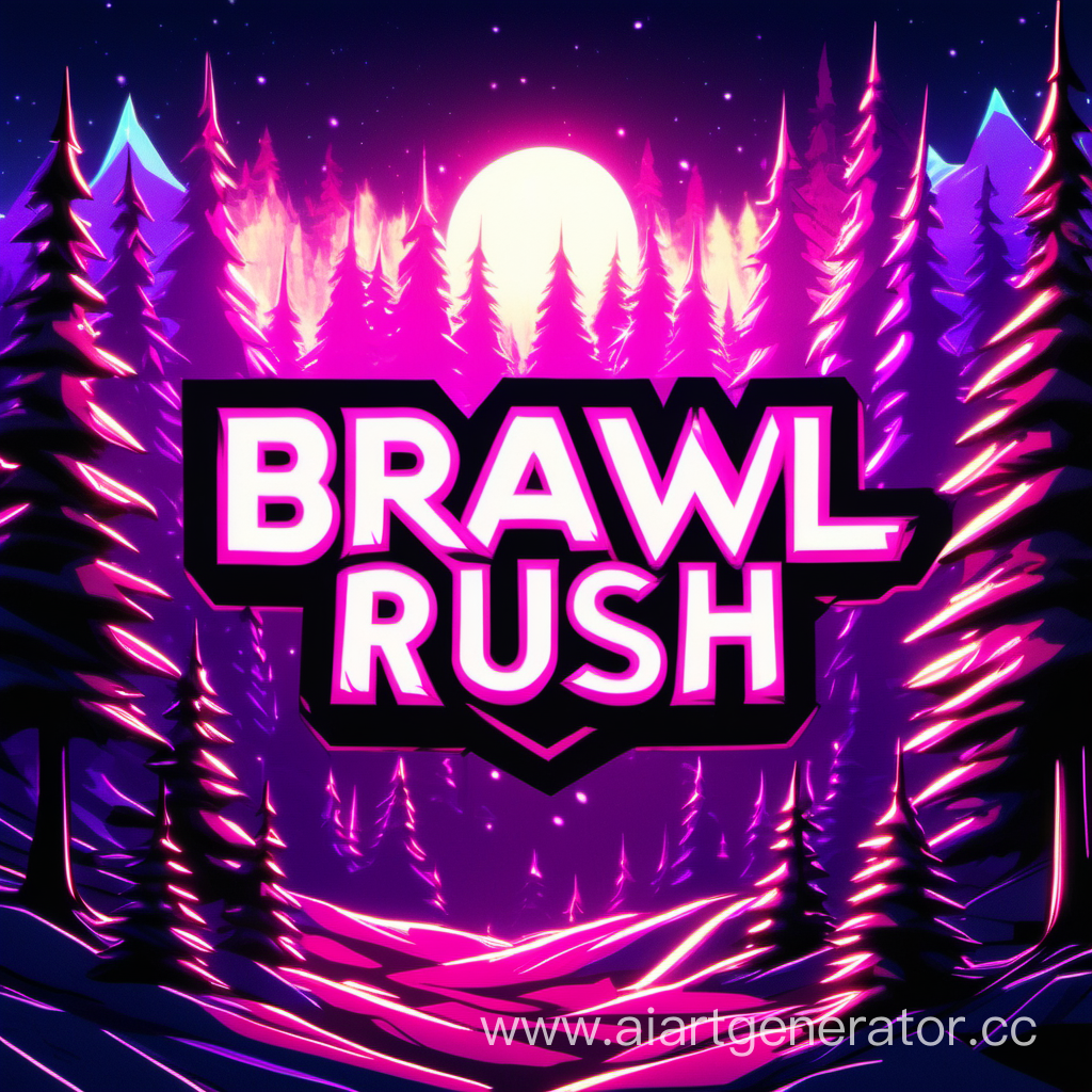 скромный, но светящийся неоном ночью большой логотип сайта "BRAWL-RUSH" в летнем уютном лесу, на фоне гор и розового северного сияния 