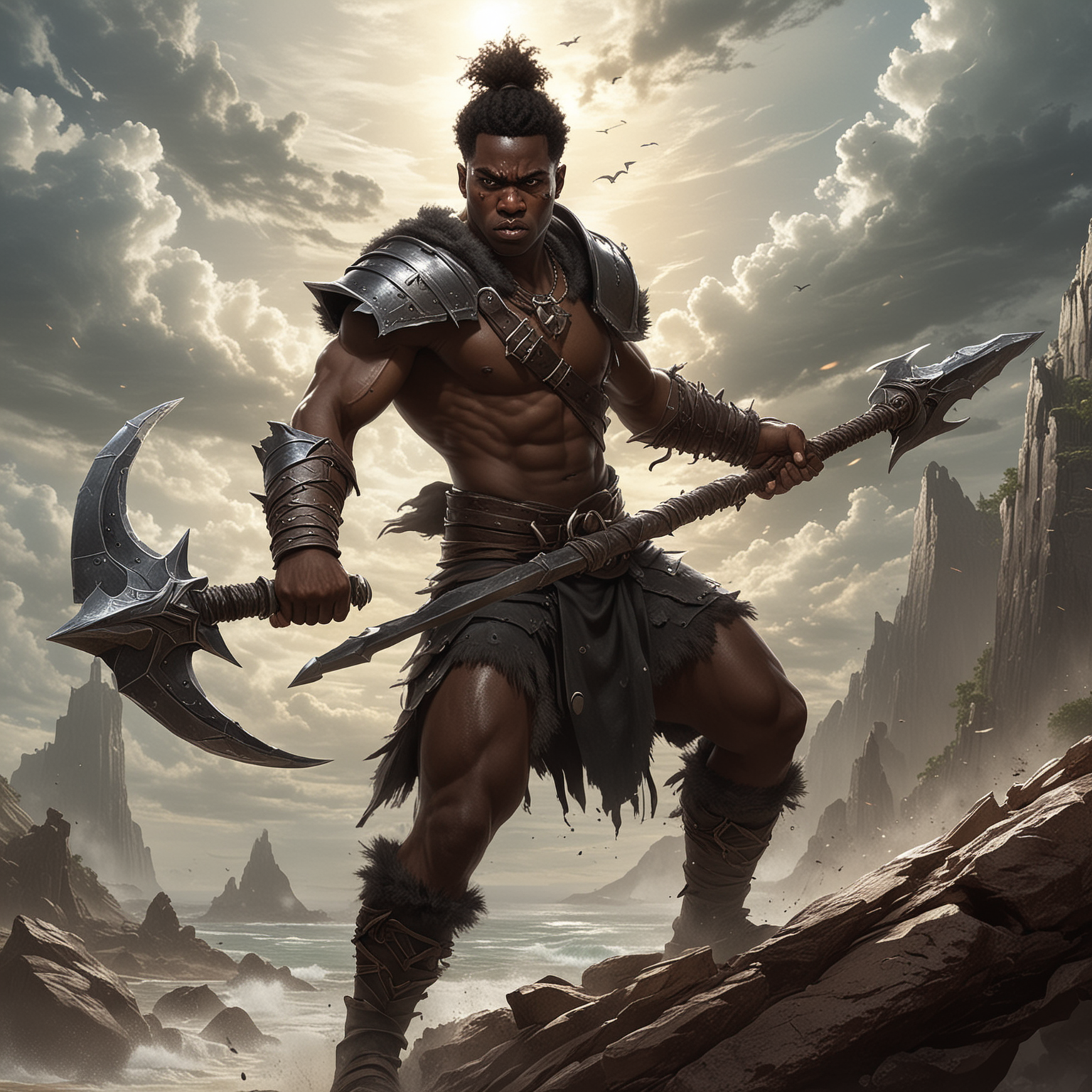 Desenvolva uma imagem de um jovem bárbaro negro empunhando um halberd com confiança enquanto enfrenta um horizonte desafiador, destacando sua força, determinação e destreza em meio à batalha iminente