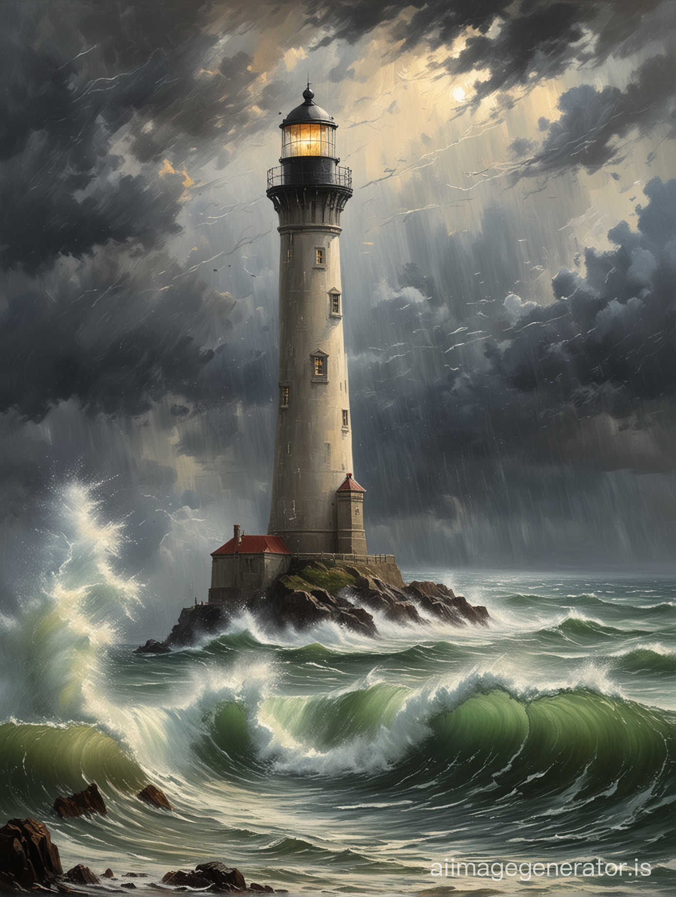 Monet oil painting of a lighthouse during a very stormy event