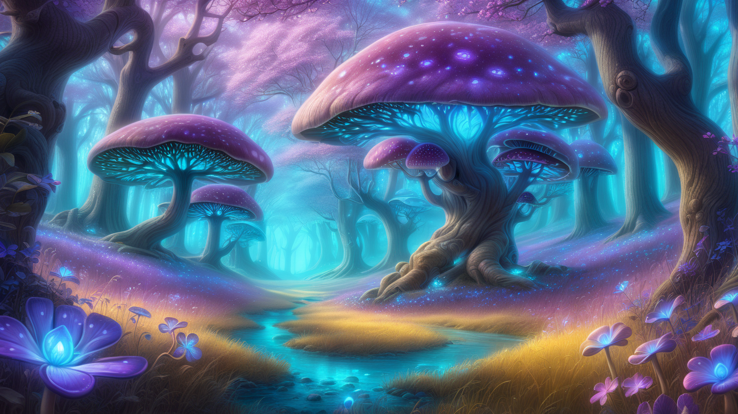 Big purple and bright teal-blue oak forest, in a dreamy oak forest, surrounded by golden dust and small dark pink flowers. Background sky with golden light. 8k, fantasy, fantasy art, glowing blue river. Glowing mushrooms that grow in the grass.