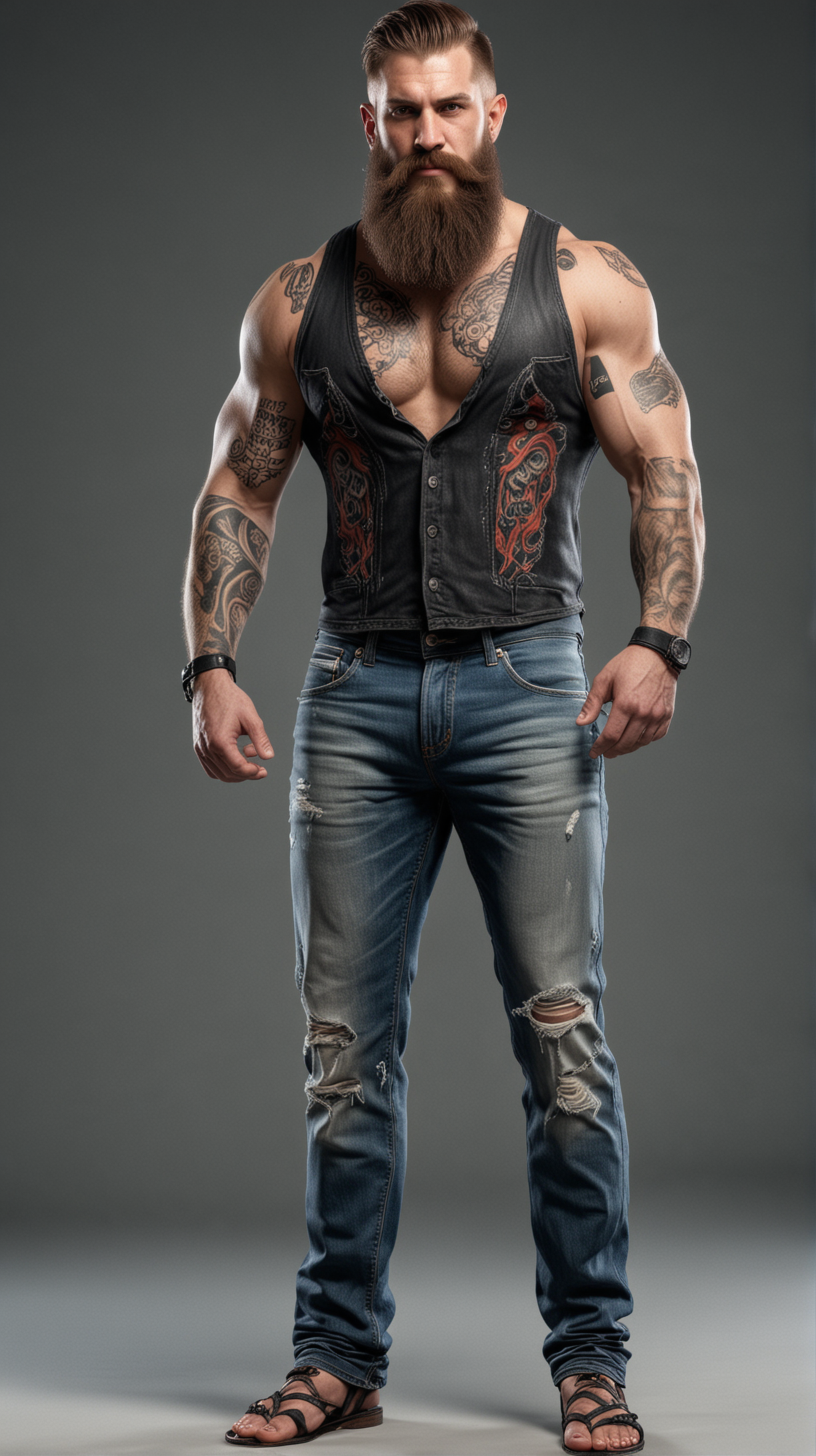 Wrestler
long beard
burns on face
tank top
jeans
towering behemoth
Broad shoulders
Muscular
Scars
Tattoos
Ugly
disfigured face
Bare feet
!include full body in render!