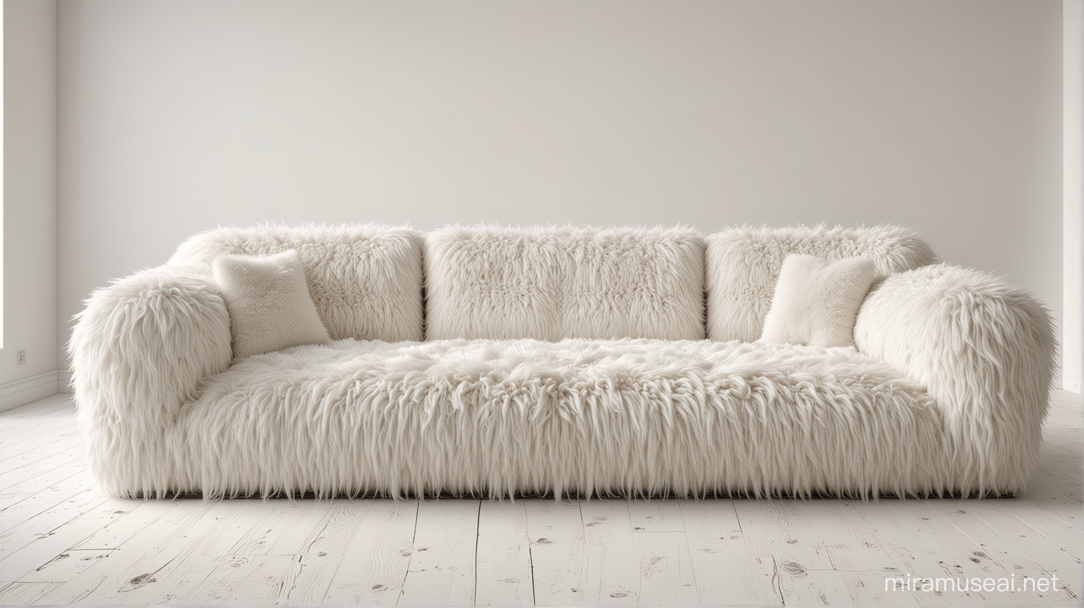 Luxurious White Fur Couch in Minimalist White Room