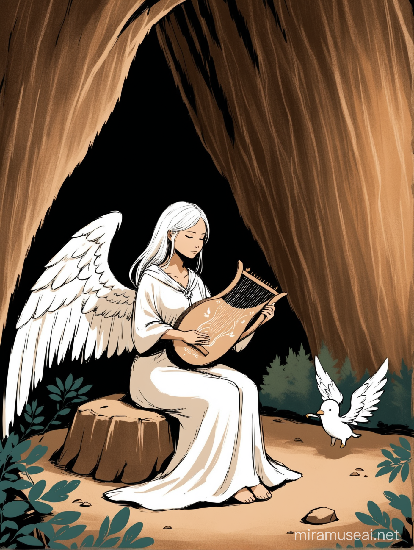 A woman with angel wings playing a lyre in a forest. This woman has a cloak on. This is a cave drawing. She has white hair. THIS IS A CAVE DRAWING. She is majestical