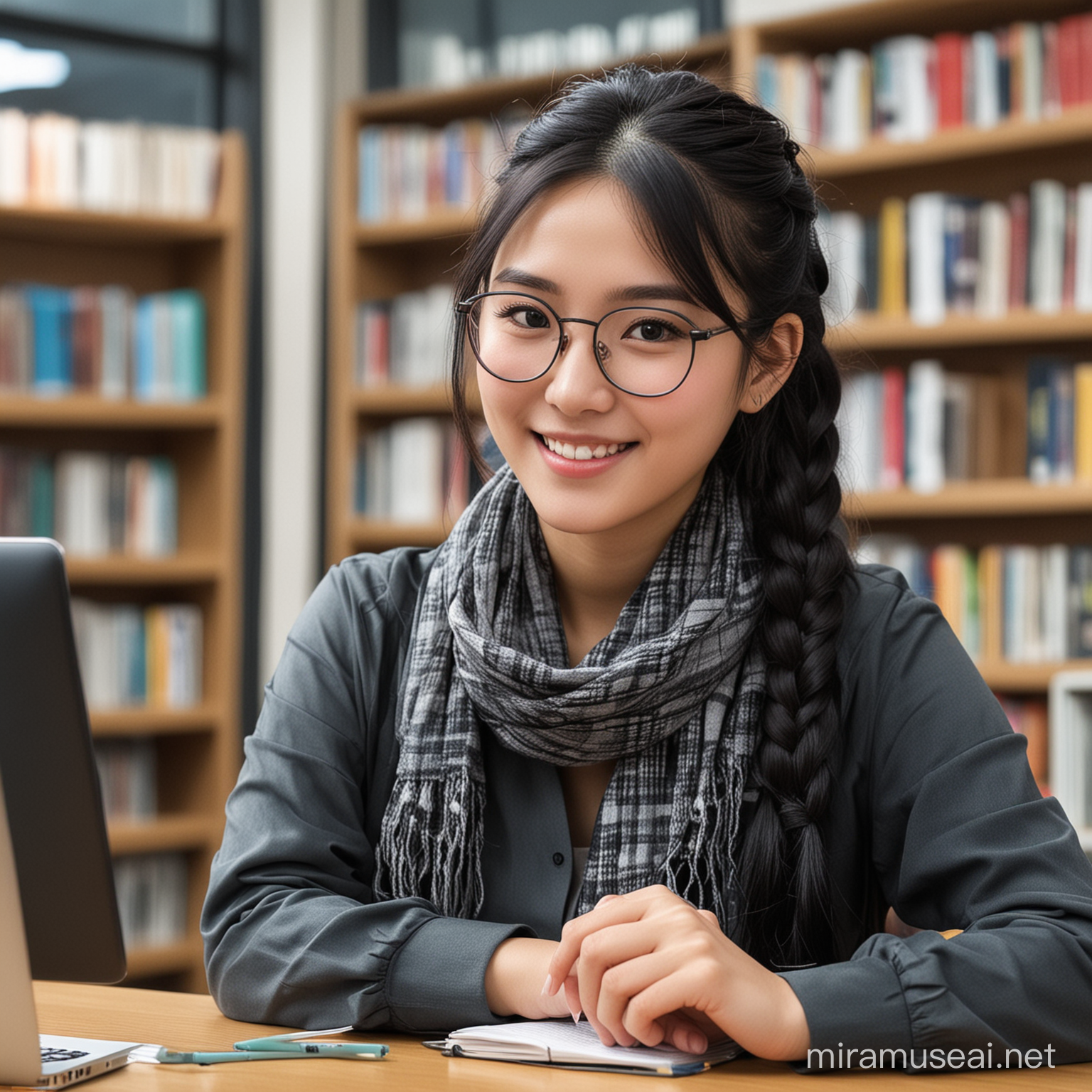 smart girl sitting in the library with laptop, korean face, smiling, shiny black hair, braided hair, scarf, eyeglasses, slightly angled shot, 