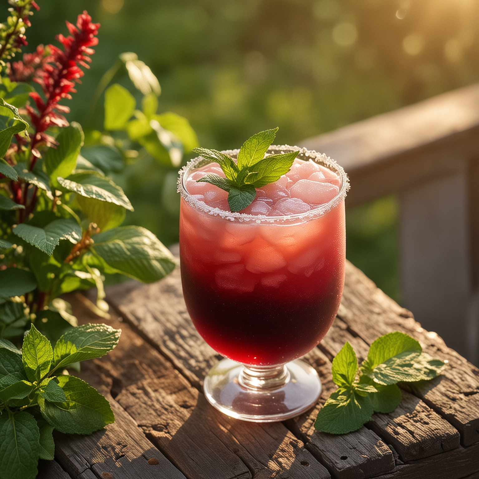 Escape the heat with this elegant Red Wine Slushie! Perfect for sunny days and starlit evenings alike. 🍷❄️✨, A crystal-clear glass filled to the brim with a frozen red wine slushie, garnished with a sprig of mint and a slice of lime, sitting atop a rustic outdoor wooden table, surrounded by a lush green garden in full bloom under the golden glow of a setting sun, The scene evokes a sense of relaxation and refreshment, perfect for winding down after a hot day, Photography, taken with a DSLR camera, macro lens 85mm, f/1.8 aperture for a sharp focus on the slushie with a beautifully blurred background, --ar 16:9 --v 5