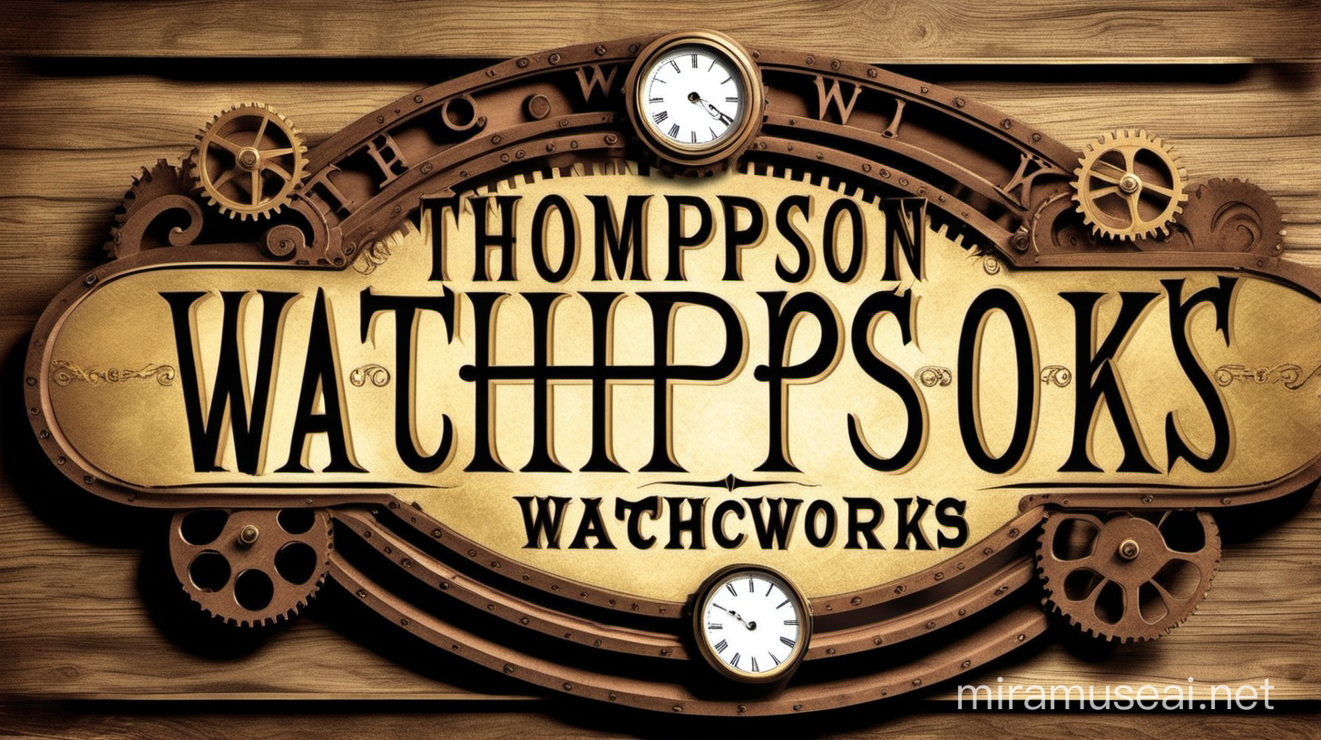 design a Victorian era style shop sign for a watchmaker, named Thompson Watchworks.  Incorporate watch gears, clock face, decorative scrolls. Use brown tones and antique wood effects.