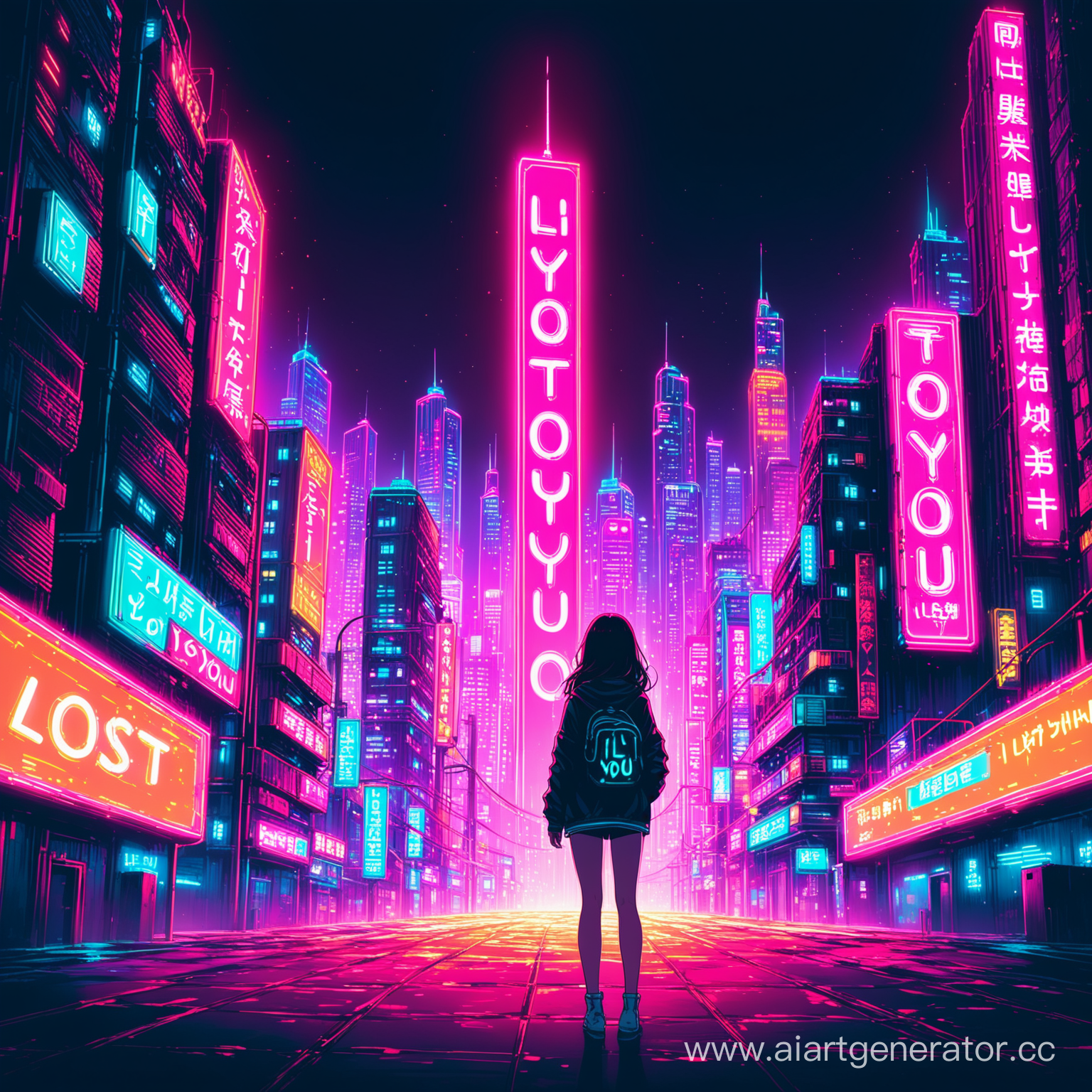  The girl stands and looks at the neon city,and at the top there is an inscription I lost you