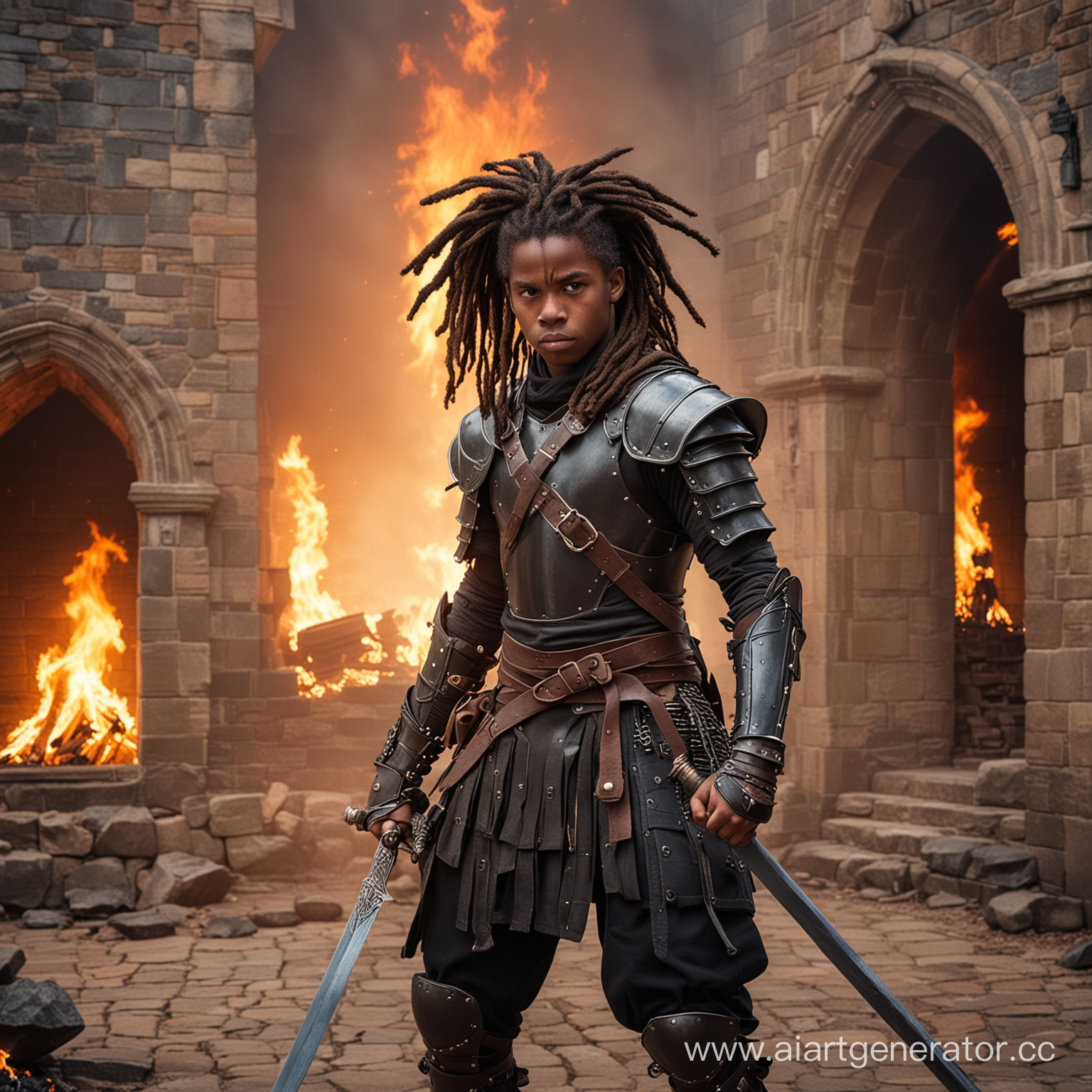 A young black teenage boy warrior in armor, with dreadlocks, carrying a sword and fighting in a castle, fire background.