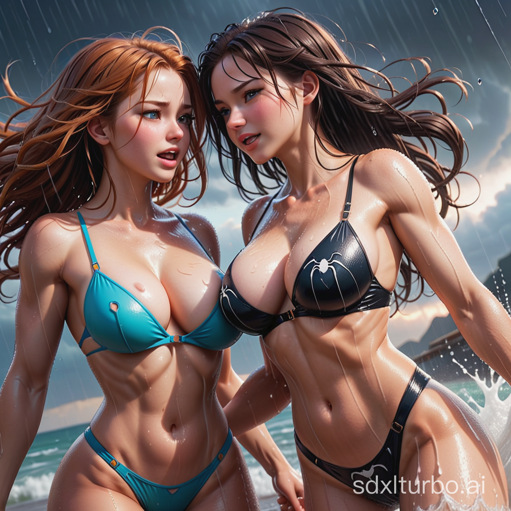 Busty Spider Gal vs busty Venom gal,underboob,standing opposite each other,angry looking to each other,pouring rain,LED wet surfaces,wet clothes,wet hair,raindrops running down the face,raindrops running down the screen,heavy clouds, thunderstorm,lightning in the sky,huge waves behind,depth of field,cell-shading,professional photos,realistic photos,strong hairblowing wind,perfect beautiful face,hq eyes,plump lips,shy smiling,flat stomach,slender hips,perfect body,slim hips,small hips,style raw,masterpiece 1:2,extremely detailed cg,sun shafts,ray-tracing,32k.