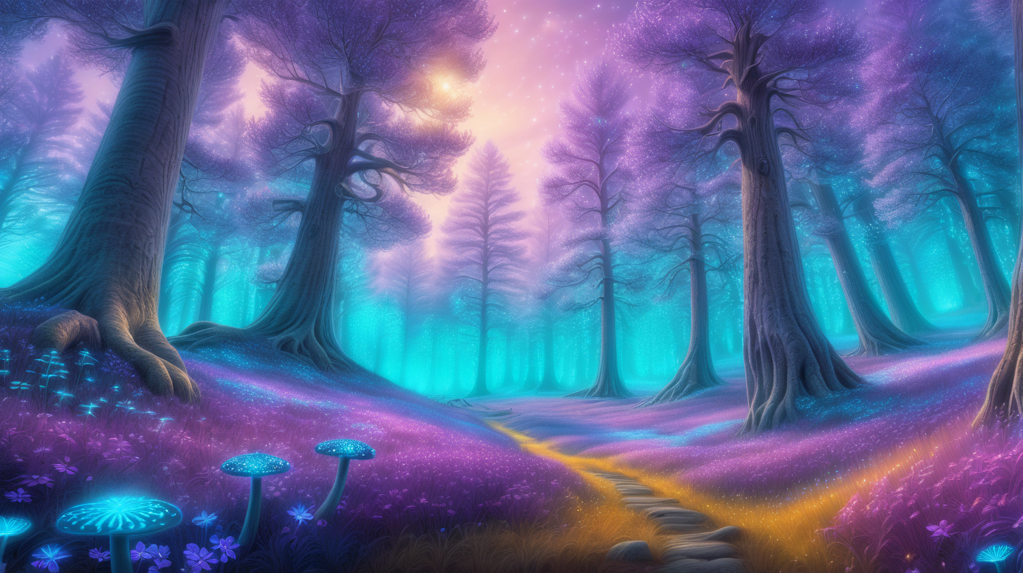 Big purple and bright teal-blue fir trees forest, in a dreamy oak forest, surrounded by golden dust and small dark pink flowers. Background sky with golden light. 8k, fantasy, fantasy art, glowing blue river. Tiny Glowing mushrooms that grow in the grass.