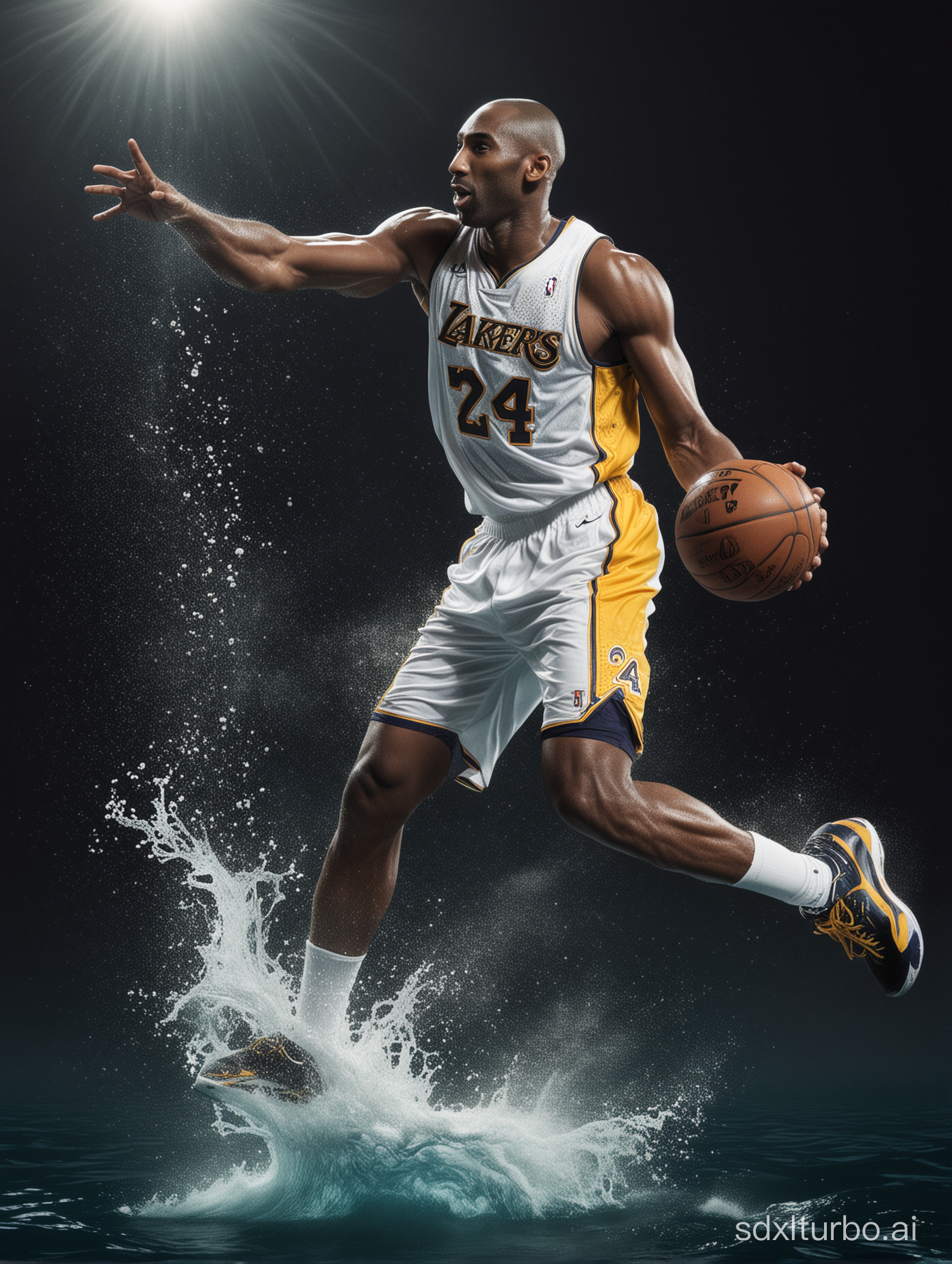 A Kobe Bryant wearing the number 24 jersey in the Deep Sea takes a backward jump shot