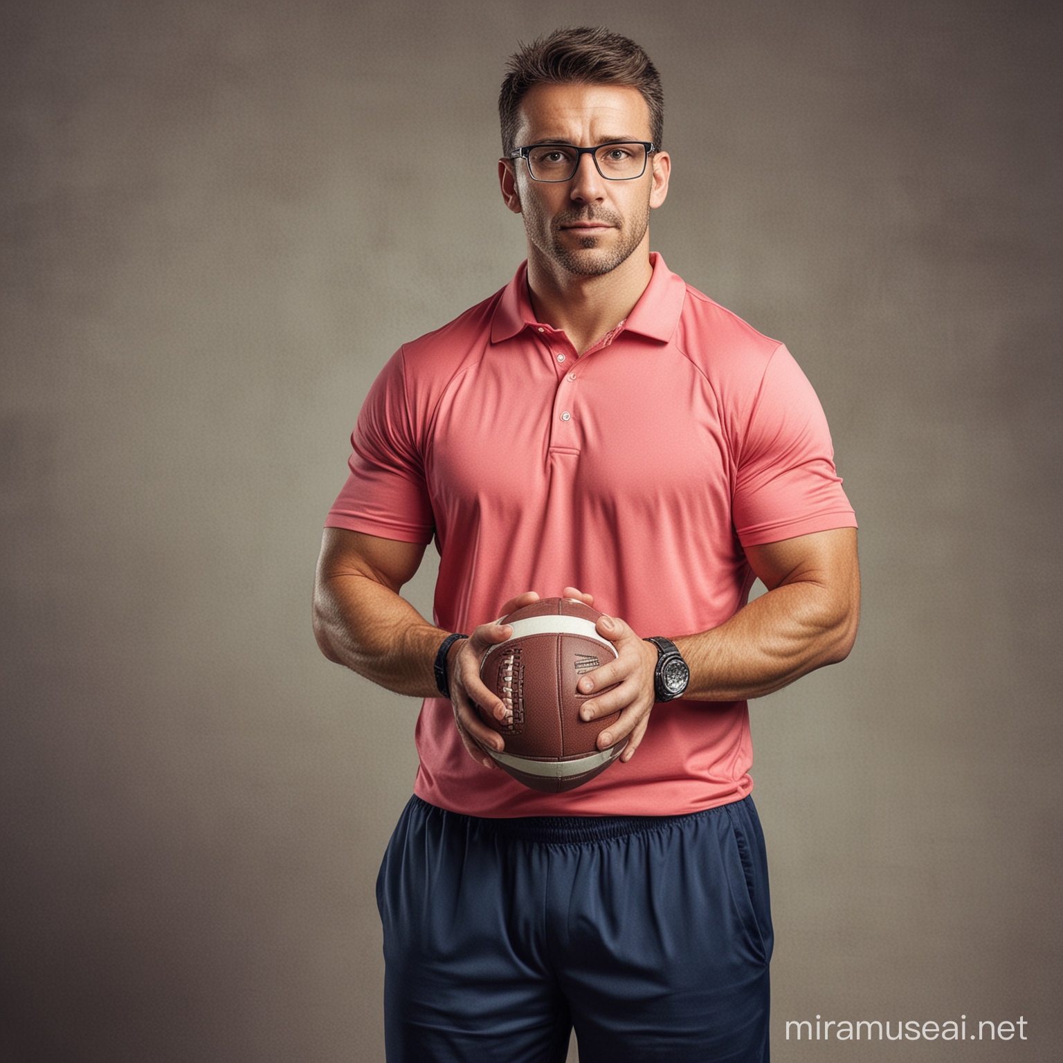 A picture of a football coach very expert, nerd, gym lover, fast into taking decisions



