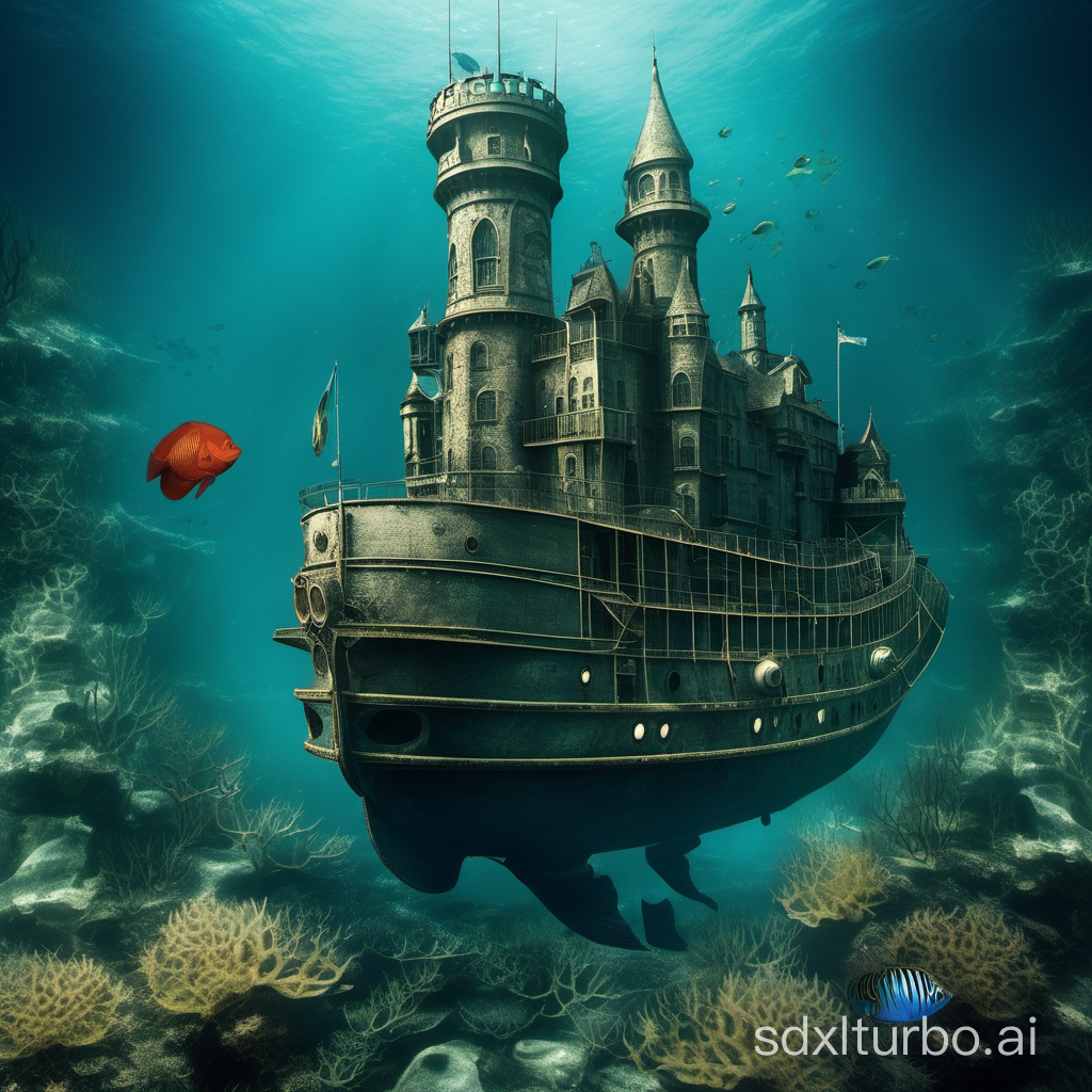underwater，fish，castle，old,large steamship
clear