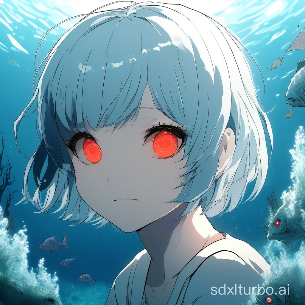 A girl with light blue short hair and red eyes, outdoors in the deep sea