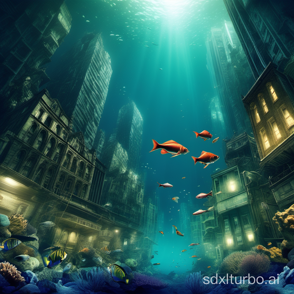Underwater, tall buildings, dimness, all kinds of fish, cliffs