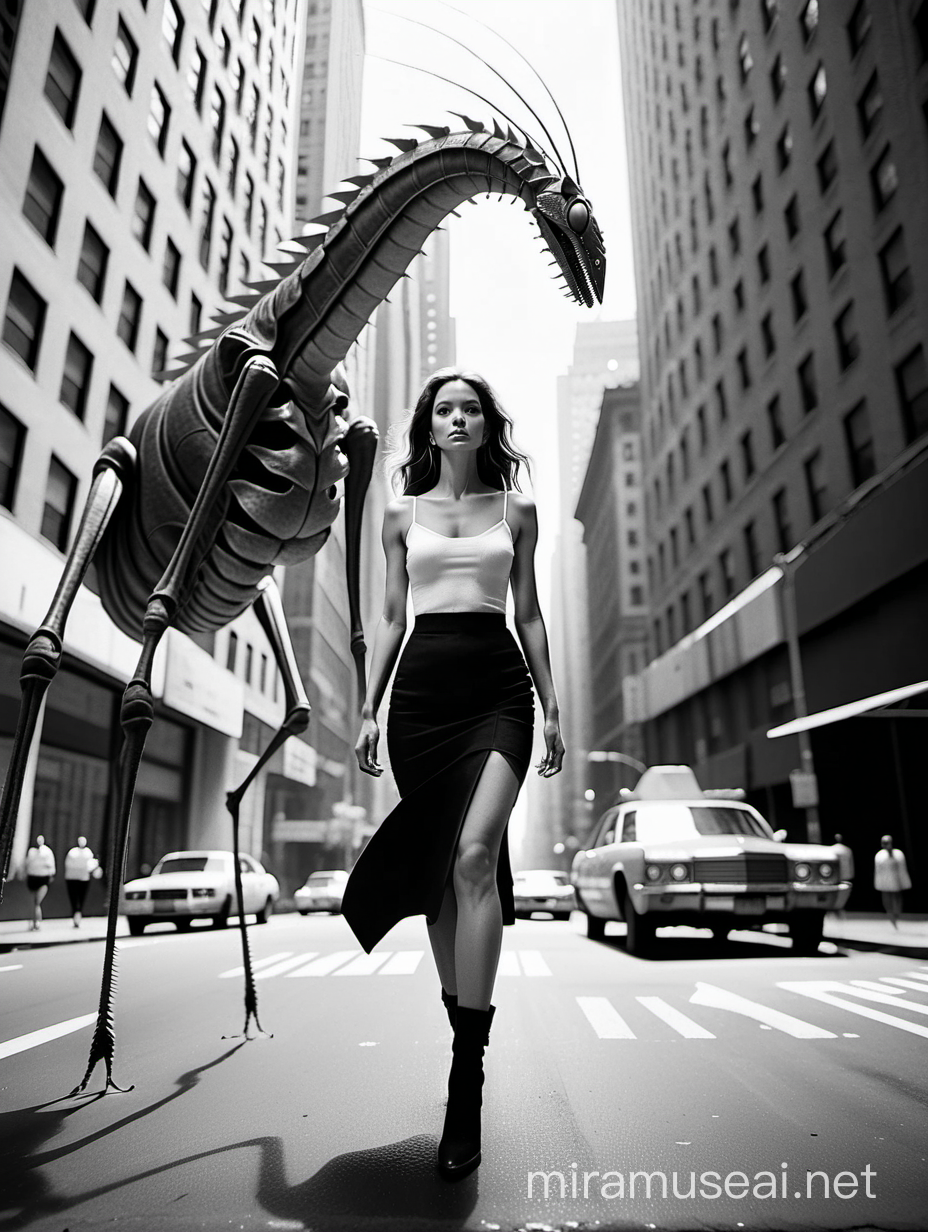 Stunning Woman Walking Giant Praying Mantises in Monochrome New York Streets