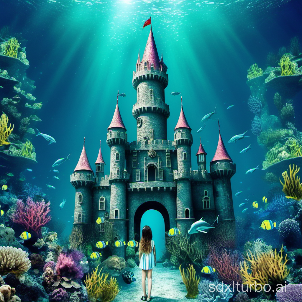 Underwater Castle, Deep Sea World Girl on the sea

