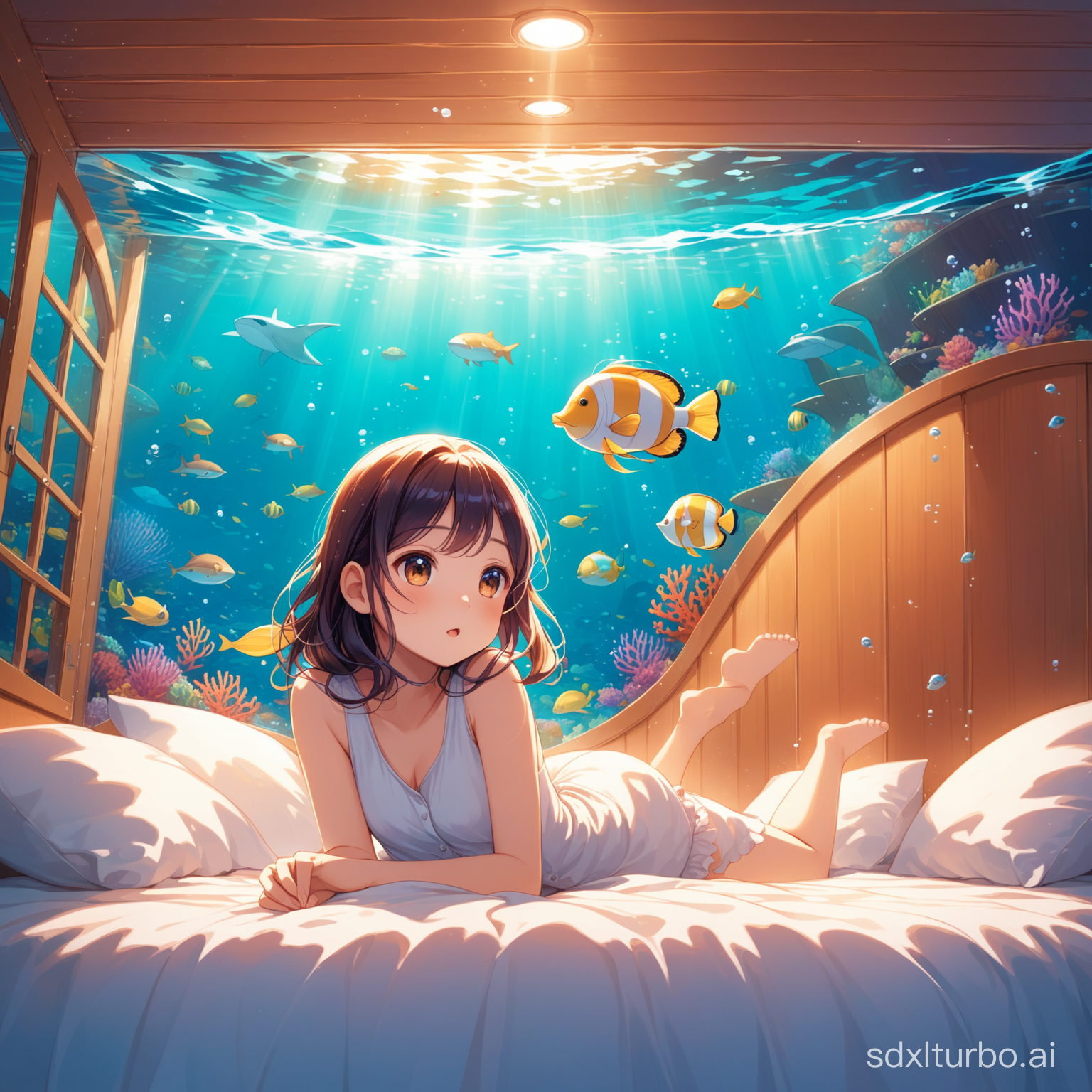 beautiful indoor on bed girl brightly softly carton
under sea