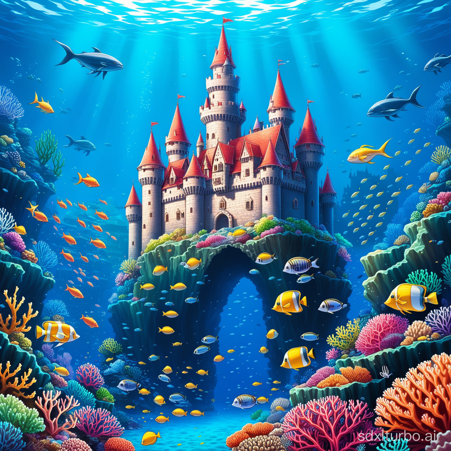 deep sea, castle,different fishes,coral,