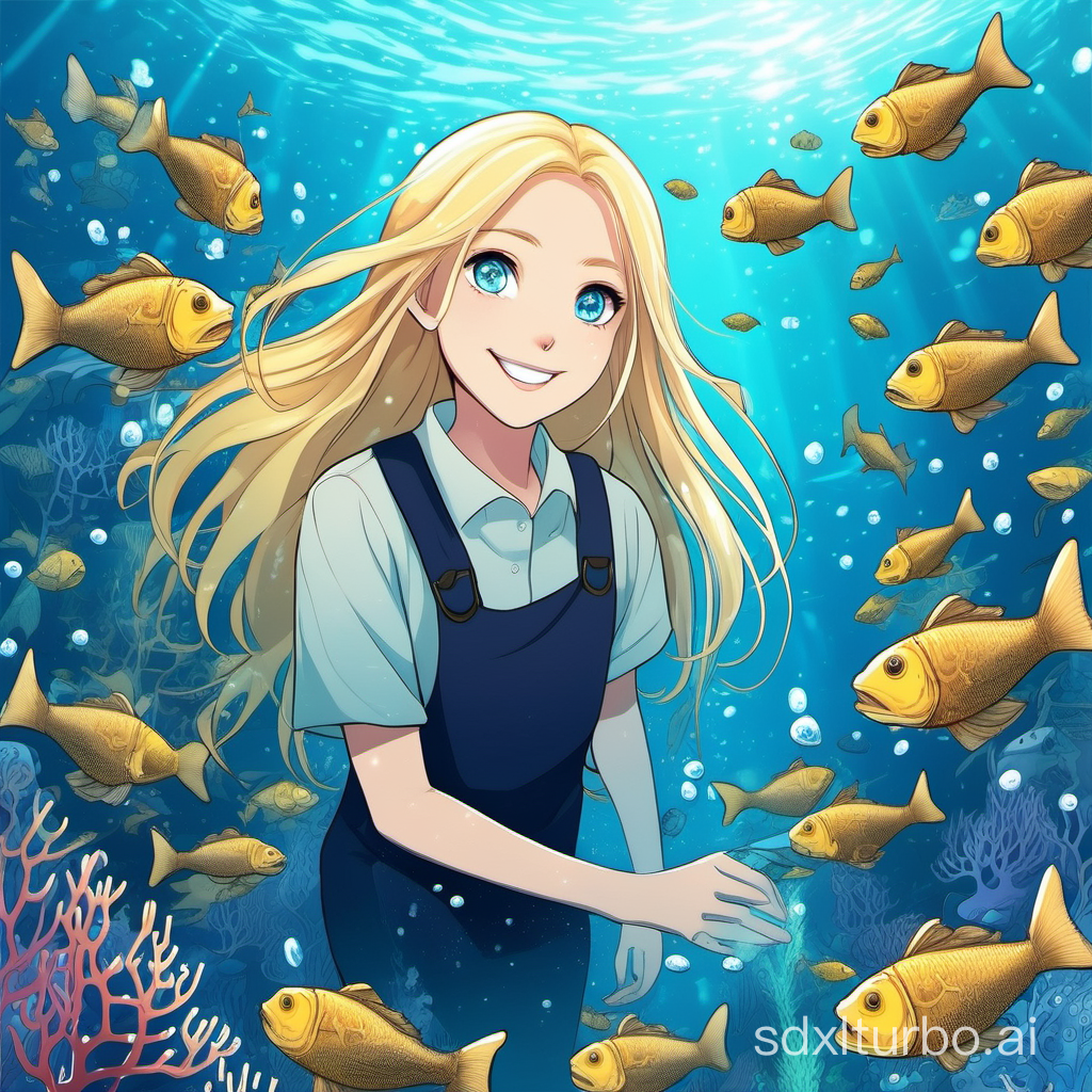 a girl,in the deep sea,clean water,blonde hair,blue eyes,smile happily,many fish