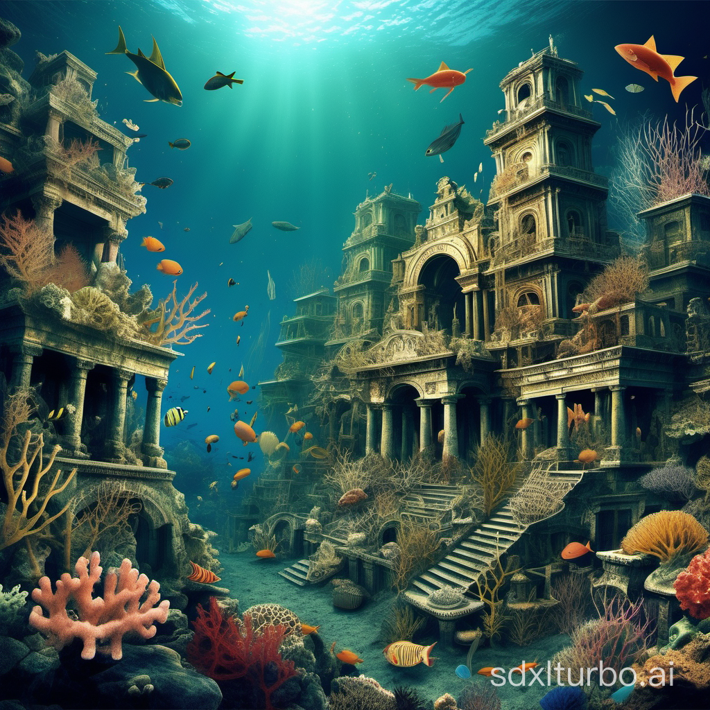 There is an ancient city in the deep sea, with seaweed, flowers, coral, and many people dancing and singing