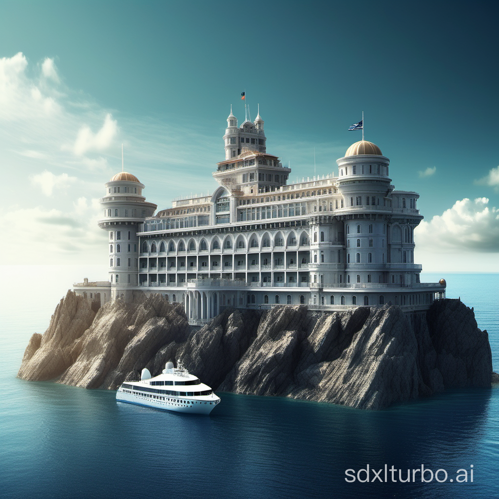 a classical castle,on the deep sea,some cruise ship,outdoor,high image quality