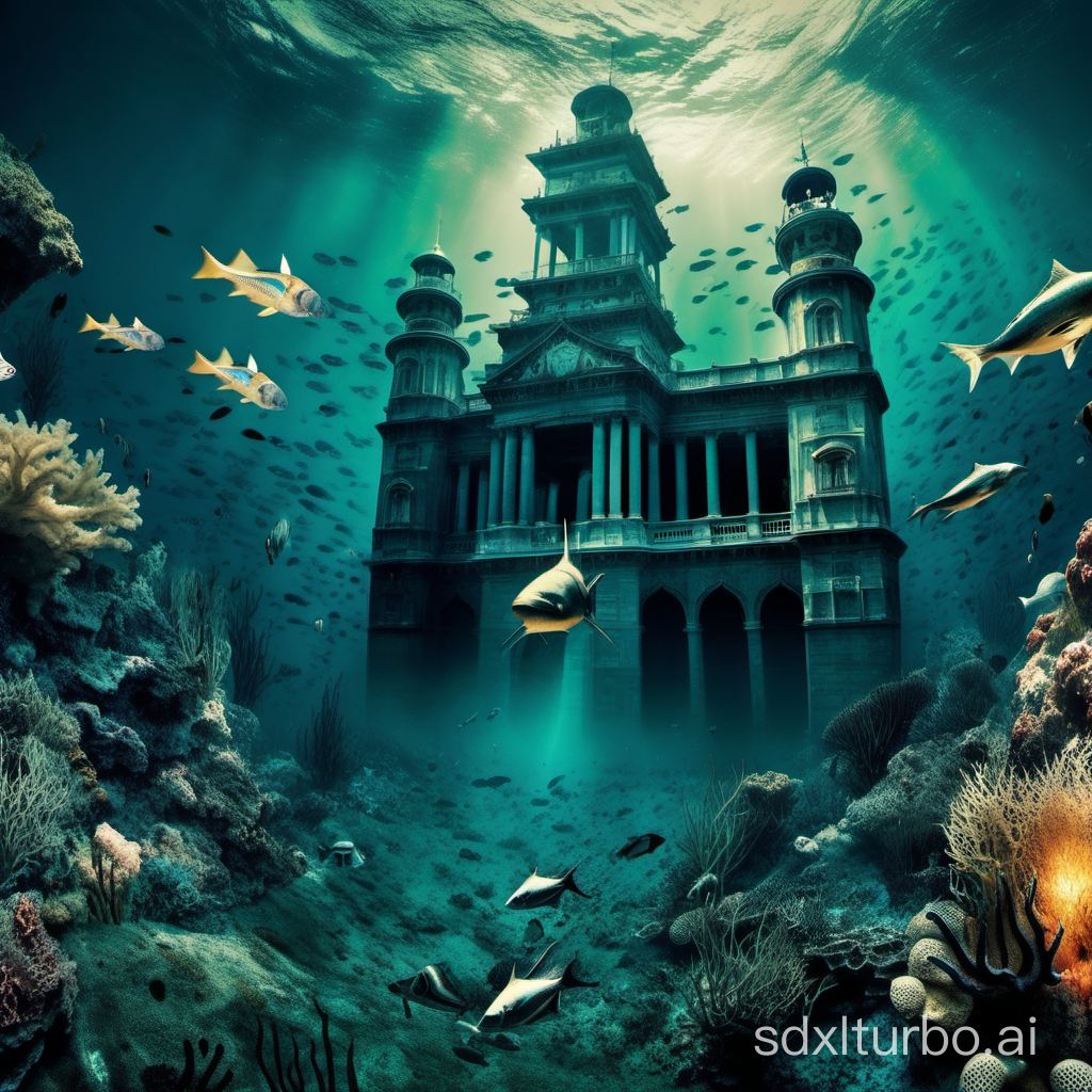 sea,terror ,8k,palace,deep,outdoor,fish，seabed，high definition， 