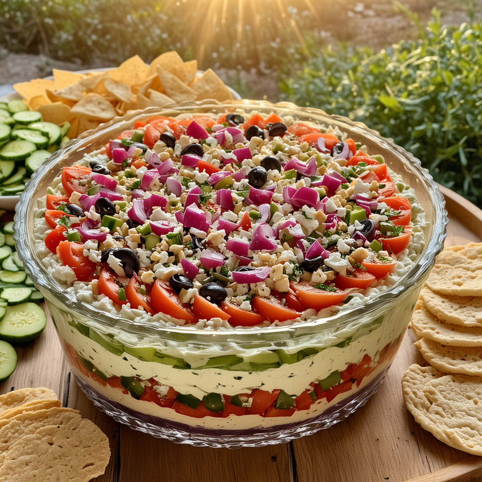 Greek 7 Layer Dip! Fresh, flavorful, and perfect for dipping., A visually striking cross-section of the Greek 7 Layer Dip, showcasing vibrant layers of hummus, tzatziki, olives, feta, cucumbers, tomatoes, and red onions, served in a clear glass dish on a rustic wooden table with a backdrop of an olive grove in the golden hour sunlight, The atmosphere is serene and inviting, capturing the essence of a Mediterranean summer evening, Photography, with a focus on natural lighting and vivid colors, macro lens to capture the textures of the dip, --ar 1:1 --v 5
