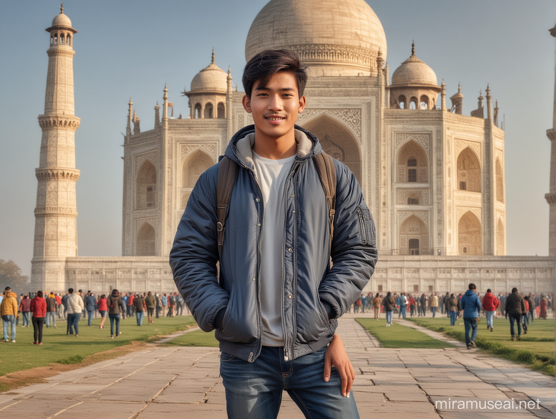 full body, real photo indonesian handsome man, 20 years old, asian face, oval face, short hair, smile ekpressions, wearing a winter jacket and jeans streatch, standing facing the camera under the taj mahal at morning, 32K ultraHD resolution, HDR, 800mm lens, hyperrealistic, photography, professional photography, deep photography, ultra realistic, very high quality, best quality, mid quality, HDR photo, focus photo, deep focus, very detailed, original photo.