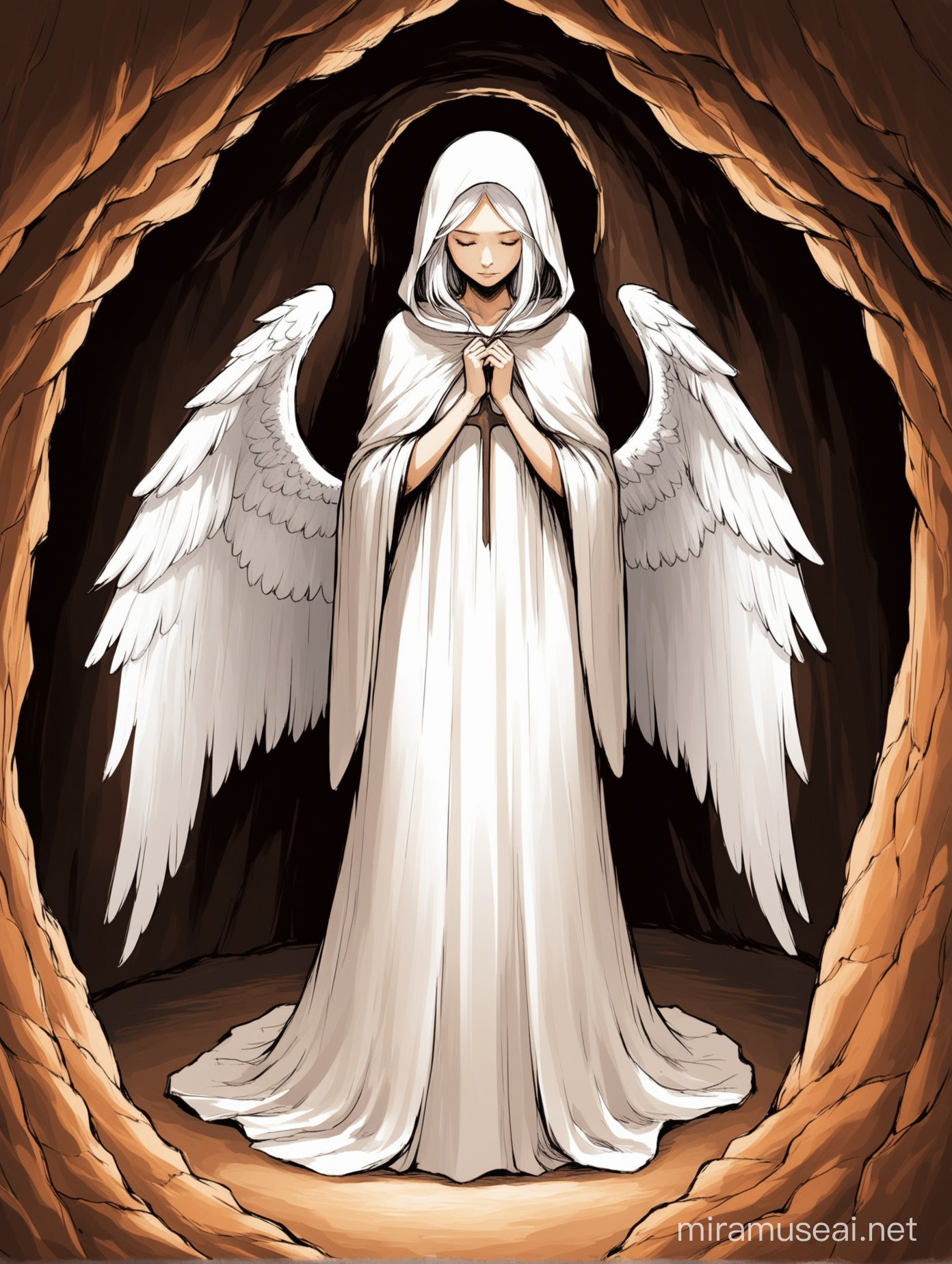 Make a cave drawing of a cloaked woman with white hair looking down peacefully. she has angel wings and is wearing a cloak. 