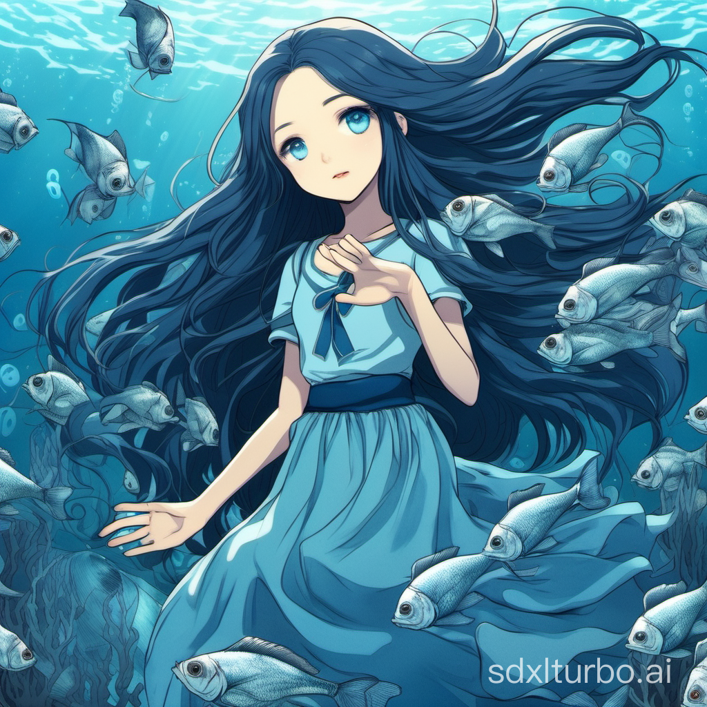 At the bottom of the sea, a girl with dark blue long hair and blue pupils holds her hair with one hand and is surrounded by a group of small fishWearing a light blue long skirt