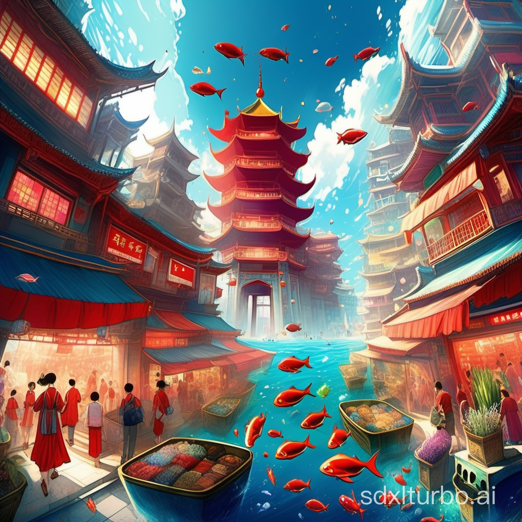 A dreamy city in the deep sea world, with crystal clear castles, tall buildings, and bustling crystal markets, where sunlight shines on the underwater world in the water; People are wearing traditional Chinese red clothing, happy, walking and playing on the streets, beautiful; Cute marine creatures, beautiful reefs