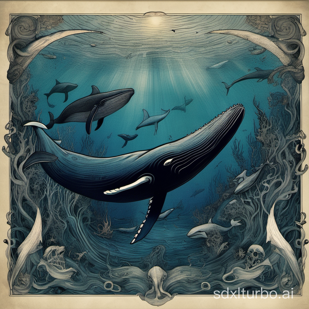 deep sea，Two whales，dark，Ancient rituals，death，liberate，Deep Blue，Empty silence, dim