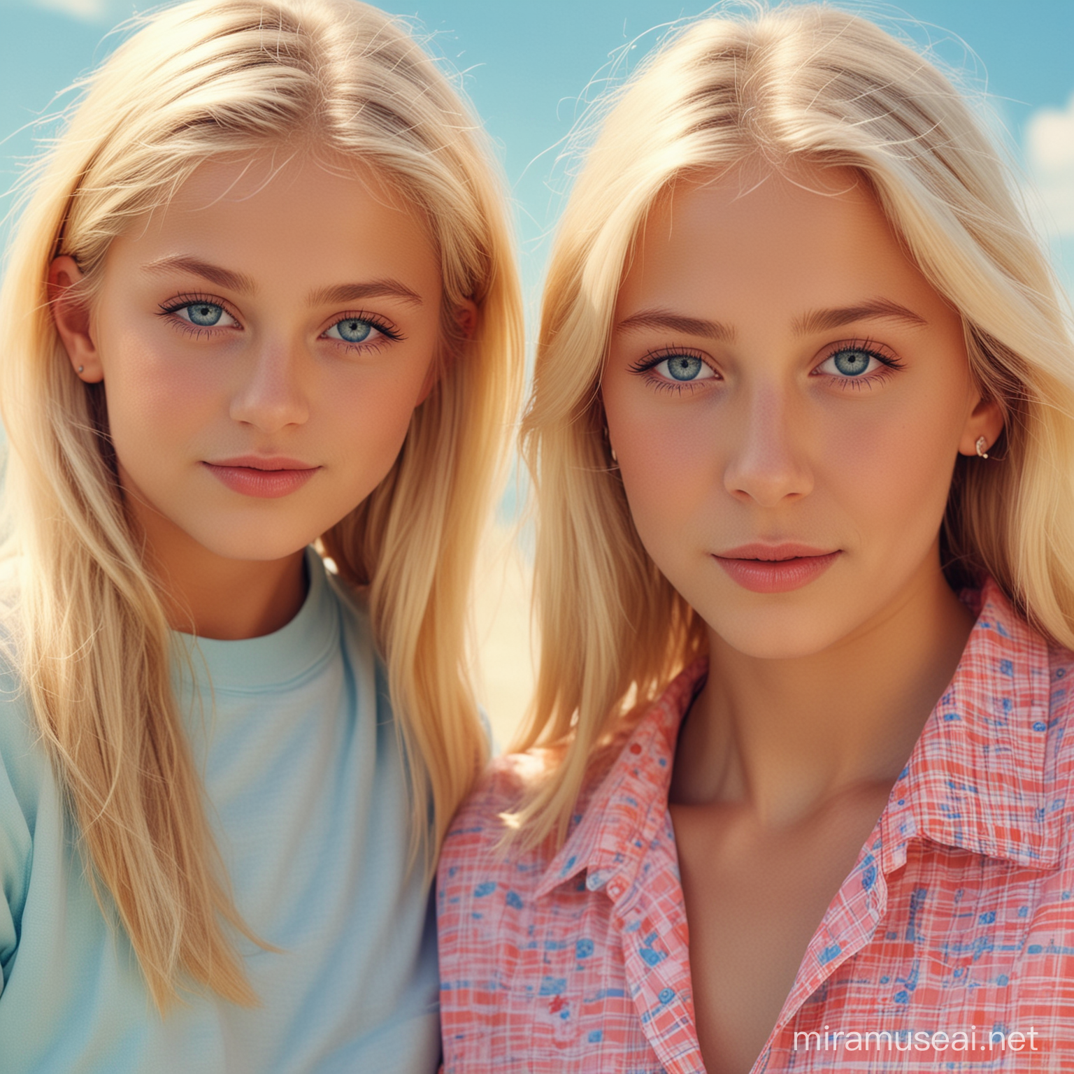 Imagine a 30-year-old blonde, blue-eyed woman with her beautiful, blonde 10-year-old daughter،Eighties clothes, summer colors, clear details, fine details، hd, 4k