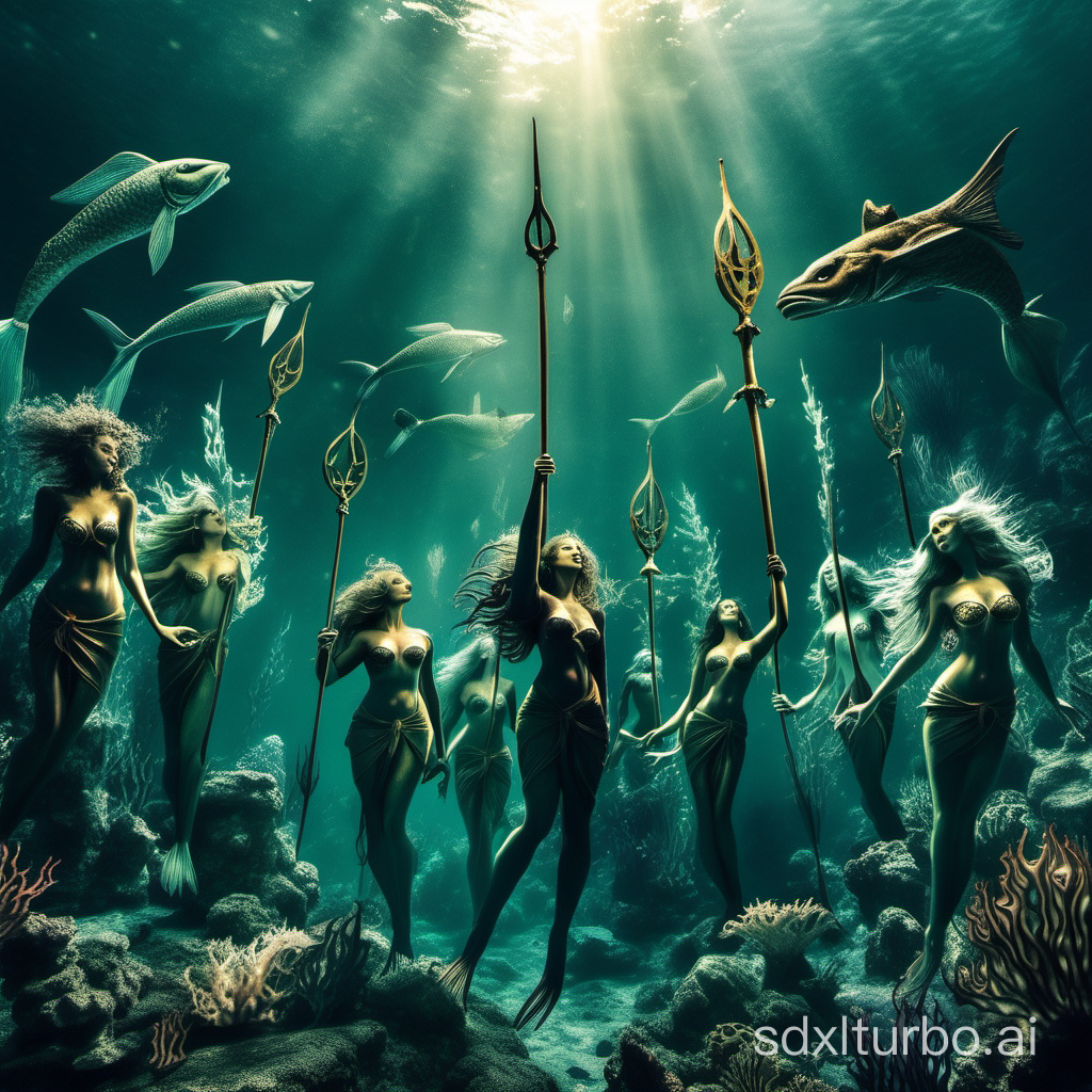 underwater world,ancient organisms,A group of mermaids holding harpoons,worship,The God of Freedom,All animals worship the gods
Light emanates from around the gods,The seabed is very dark,God stands in front of the masses